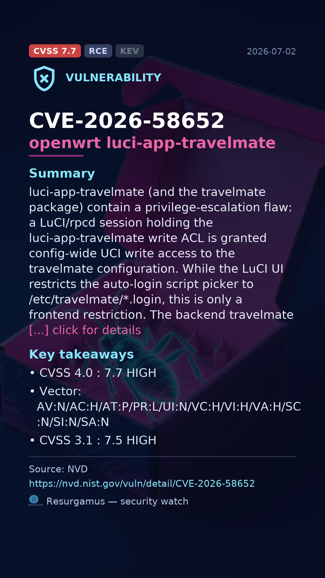 CVE-2026-58652 openwrt luci-app-travelmate Vulnerability