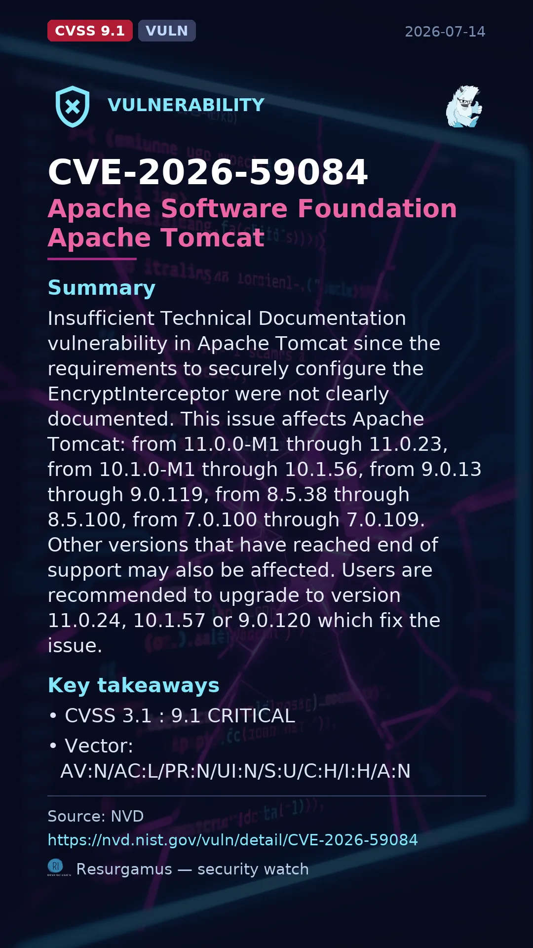 CVE-2026-59084 Apache Software Foundation Apache Tomcat Vulnerability