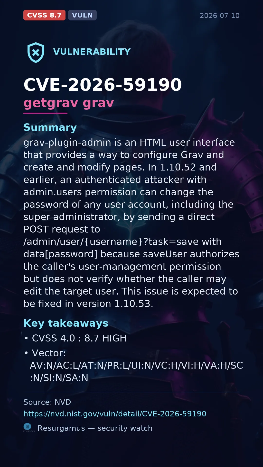 CVE-2026-59190 getgrav grav Vulnerability