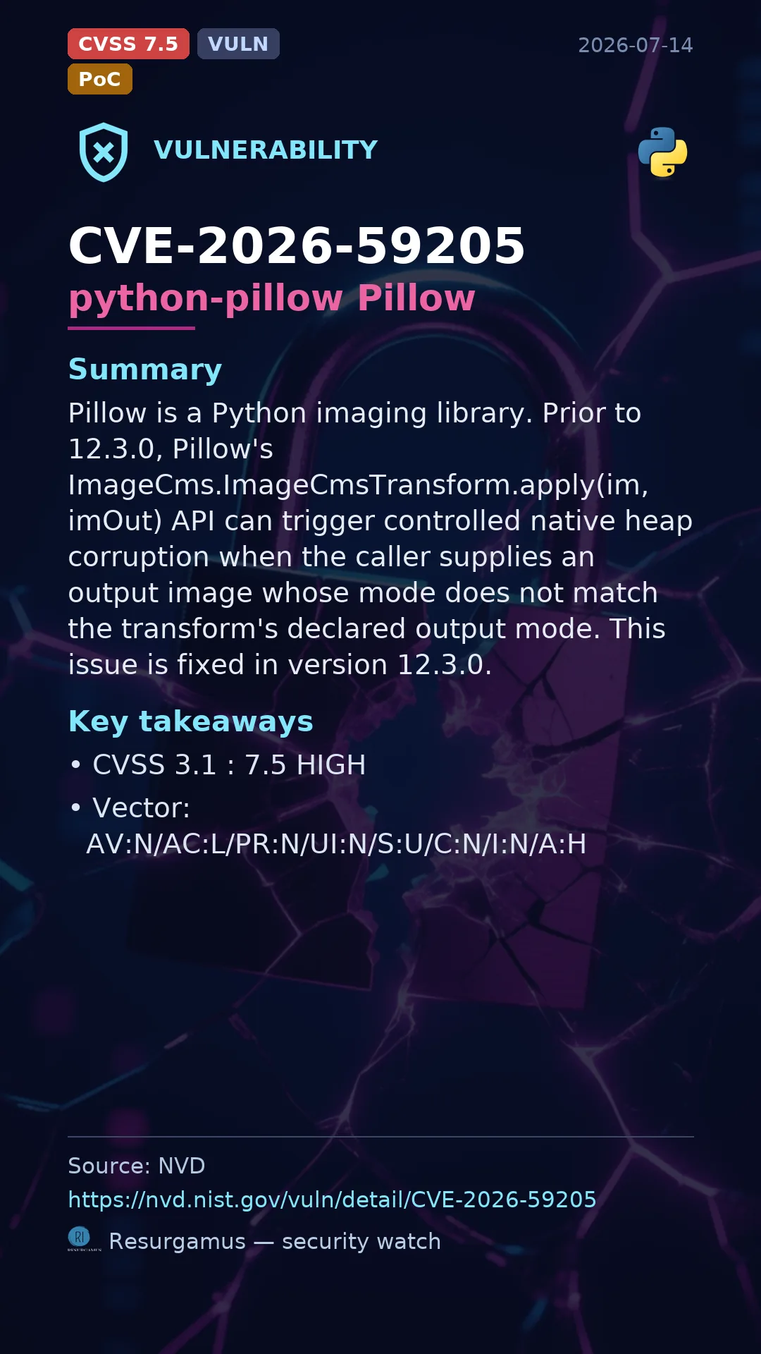 CVE-2026-59205 python-pillow Pillow Vulnerability