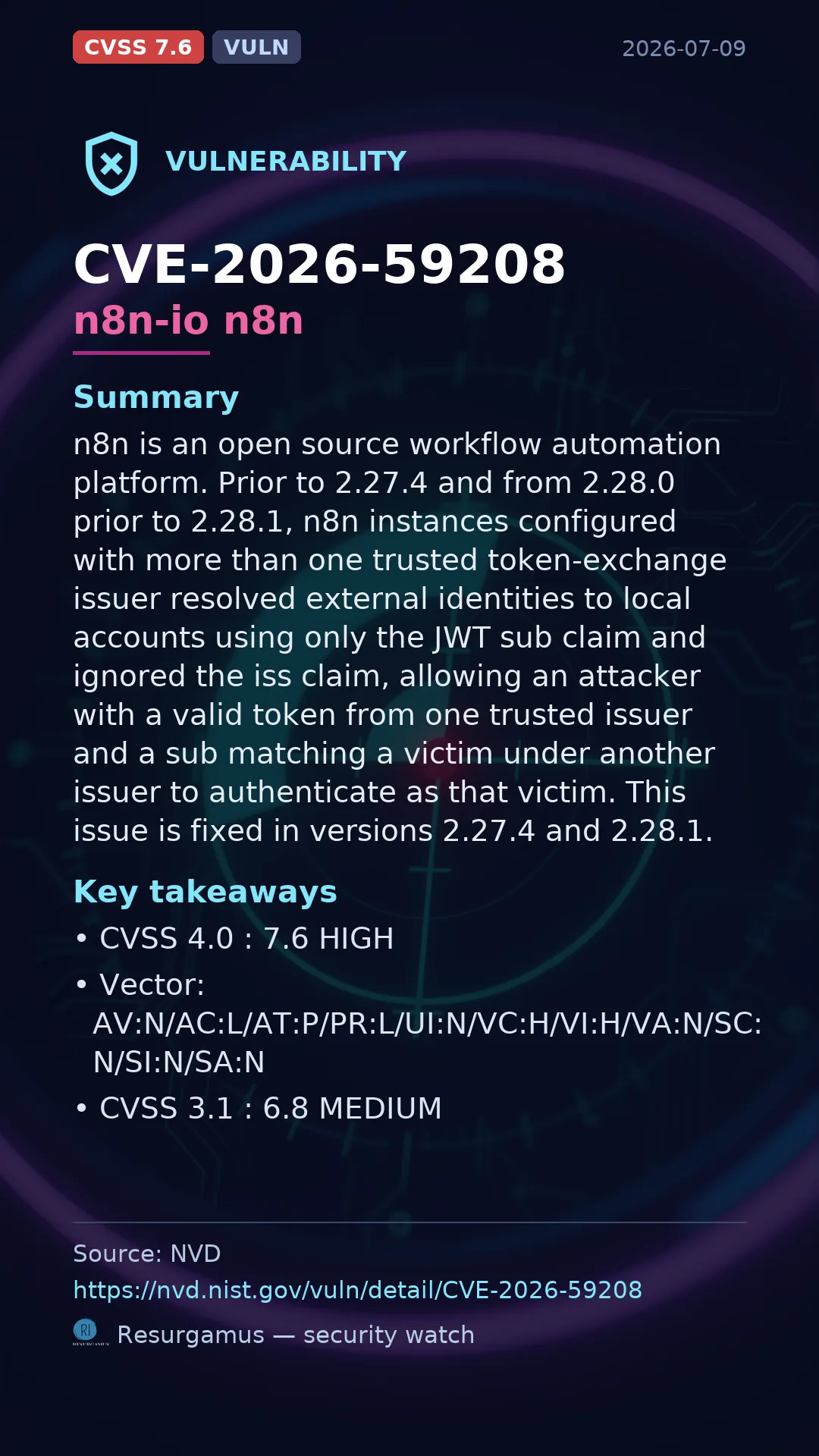 CVE-2026-59208 n8n-io n8n Vulnerability