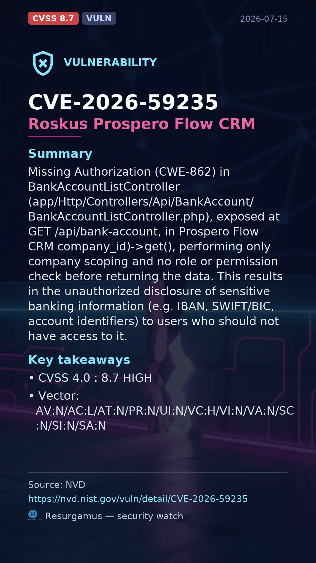 CVE-2026-59235 Roskus Prospero Flow CRM Vulnerability