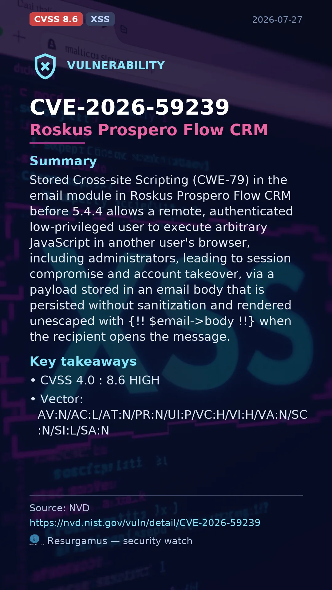 CVE-2026-59239 Roskus Prospero Flow CRM Vulnerability