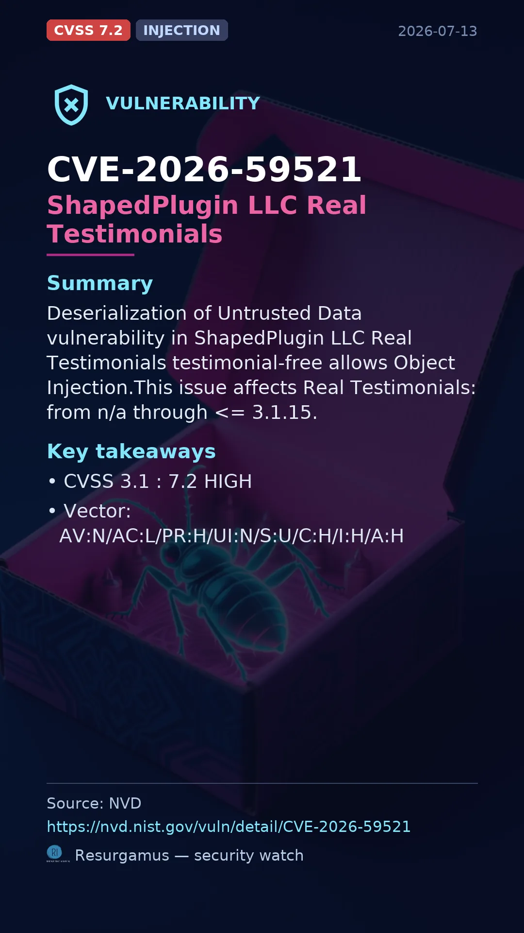 CVE-2026-59521 ShapedPlugin LLC Real Testimonials Vulnerability