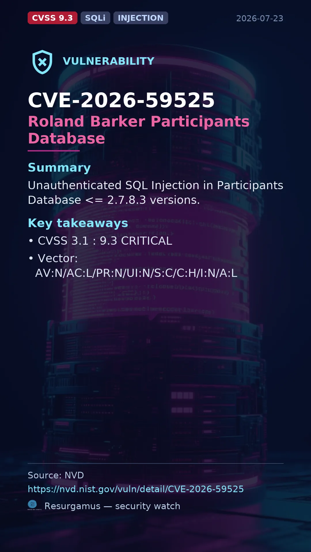 CVE-2026-59525 Roland Barker Participants Database Vulnerability