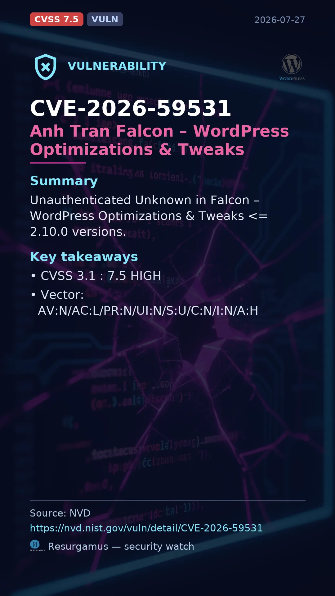 CVE-2026-59531 Falcon – WordPress Optimizations & Tweak Vulnerability
