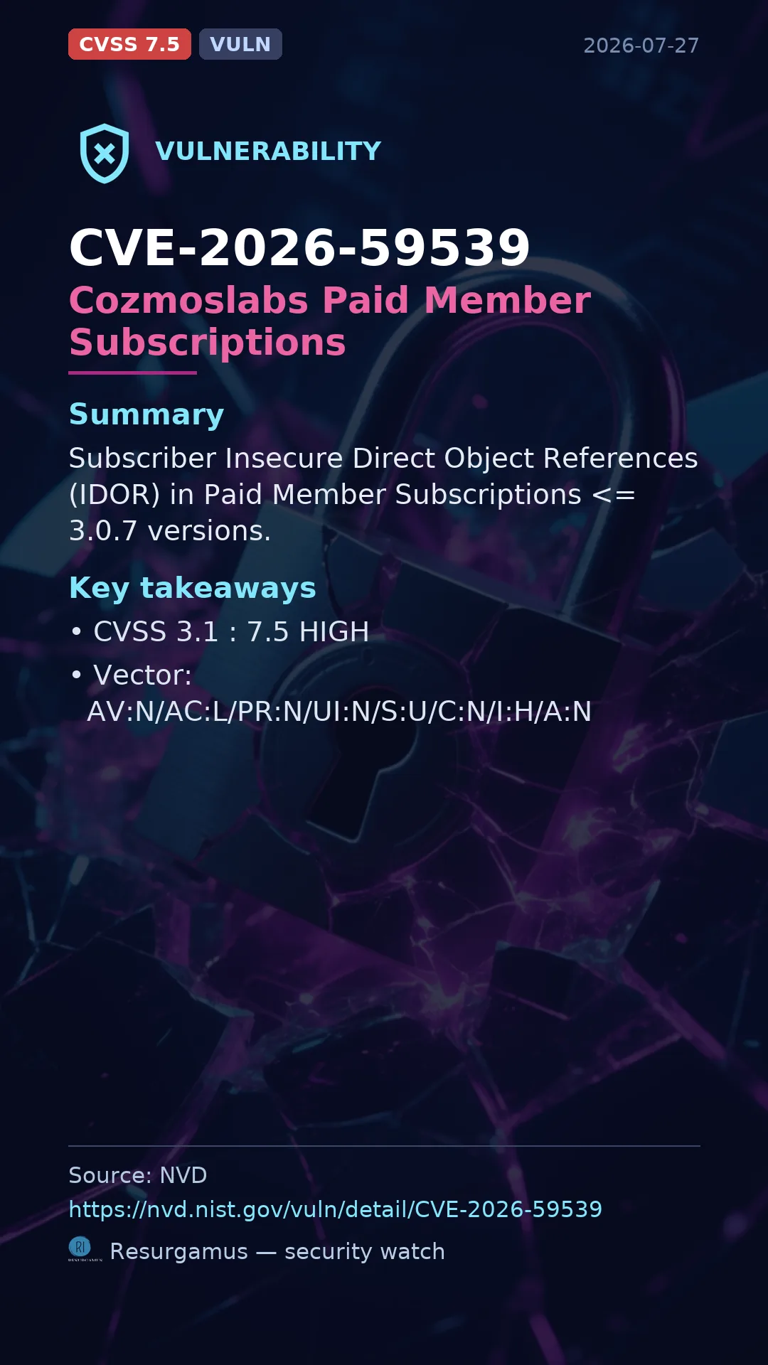 CVE-2026-59539 Cozmoslabs Paid Member Subscriptions Vulnerability