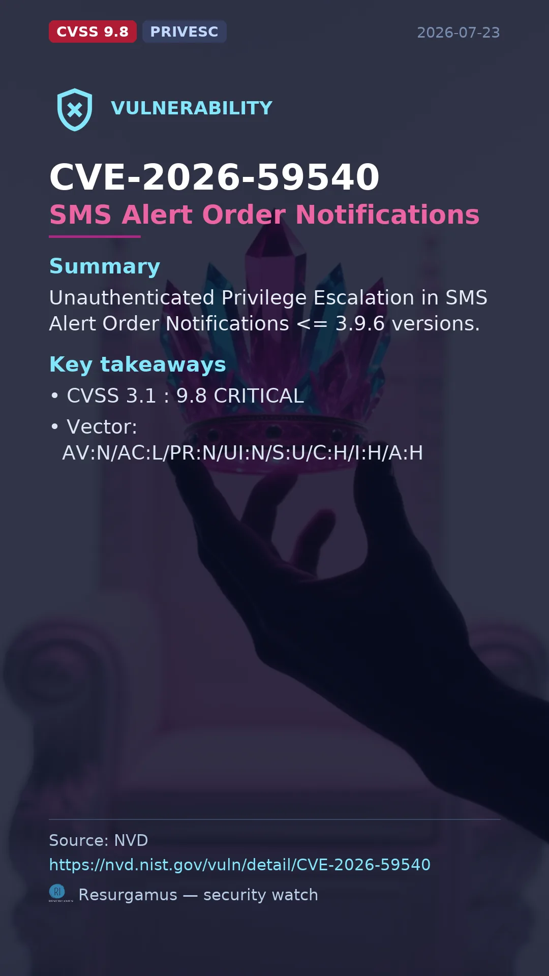 CVE-2026-59540 SMS Alert Order Notifications Vulnerability