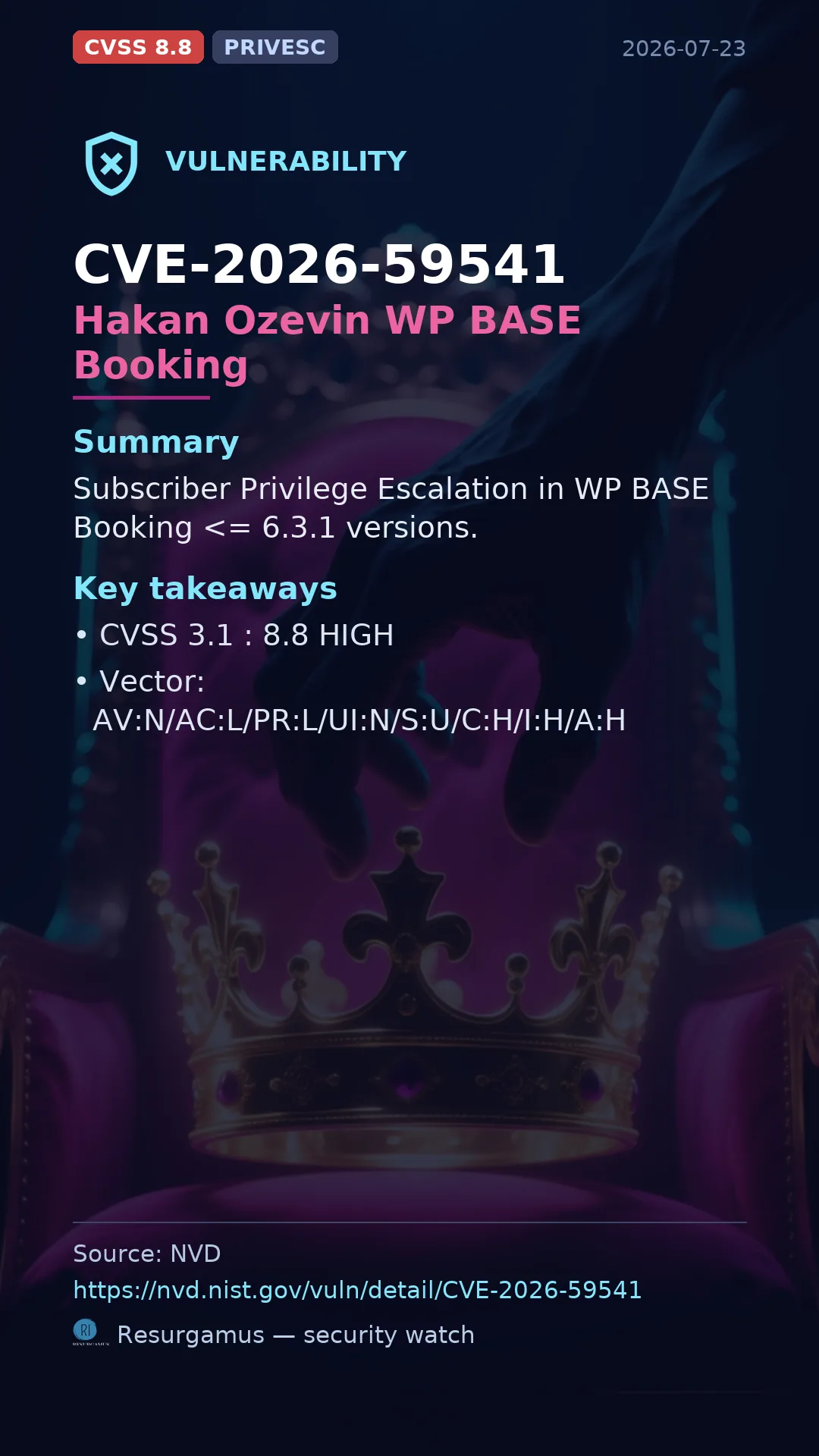 CVE-2026-59541 Hakan Ozevin WP BASE Booking Vulnerability