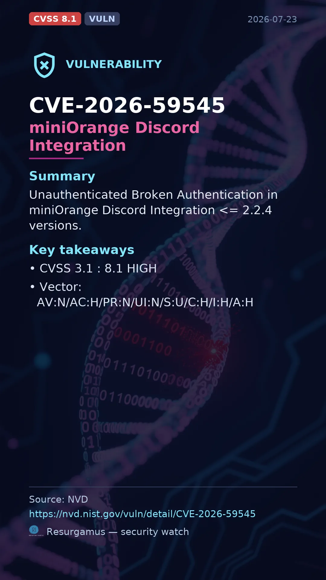 CVE-2026-59545 miniOrange Discord Integration Vulnerability