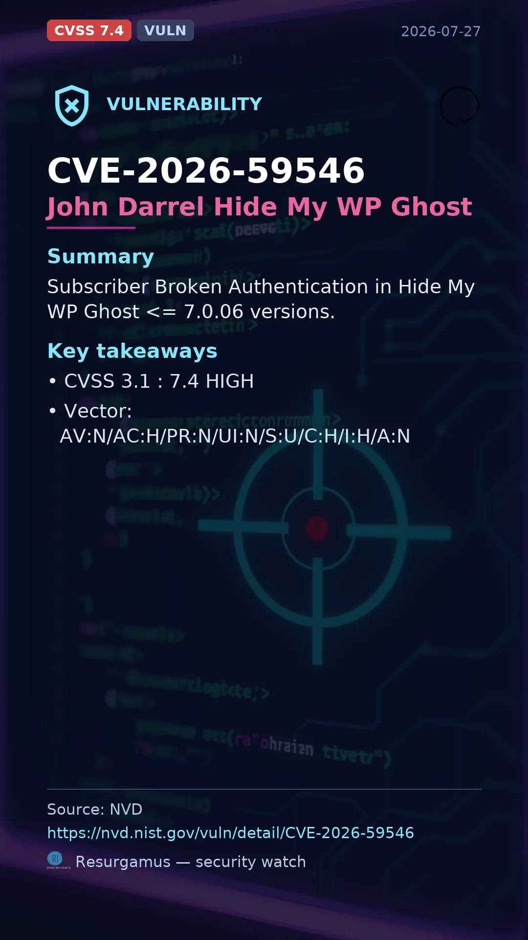 CVE-2026-59546 John Darrel Hide My WP Ghost Vulnerability