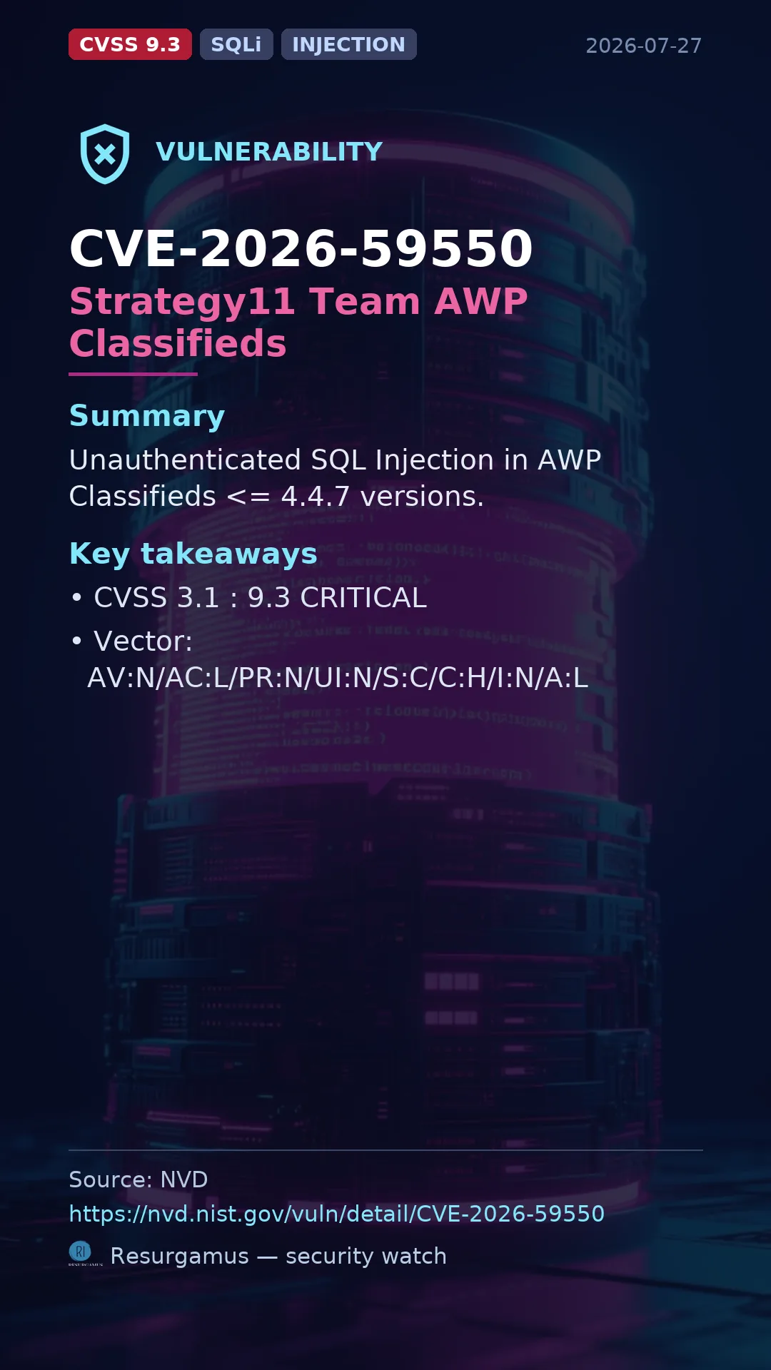CVE-2026-59550 Strategy11 Team AWP Classifieds Vulnerability