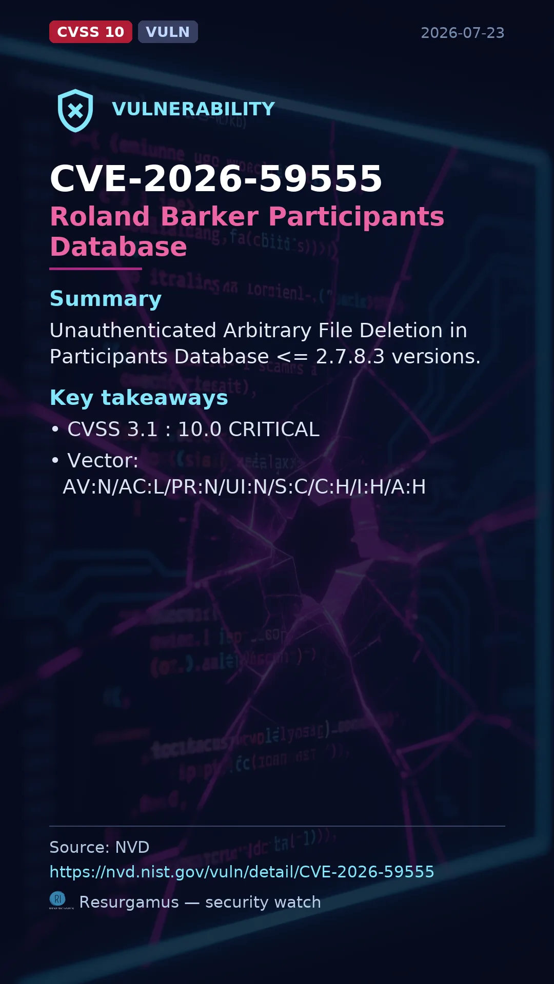 CVE-2026-59555 Roland Barker Participants Database Vulnerability