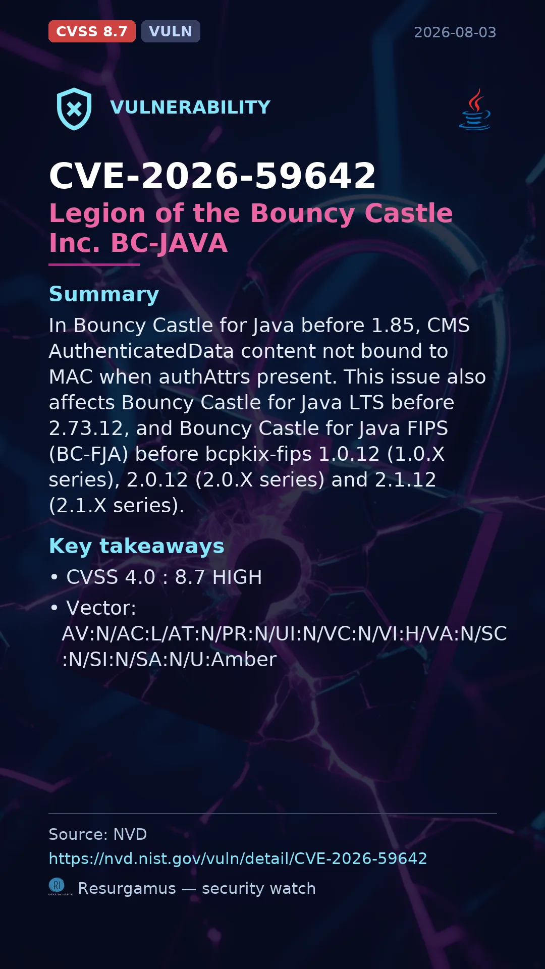 CVE-2026-59642 Legion of the Bouncy Castle Inc. BC-JAVA Vulnerability