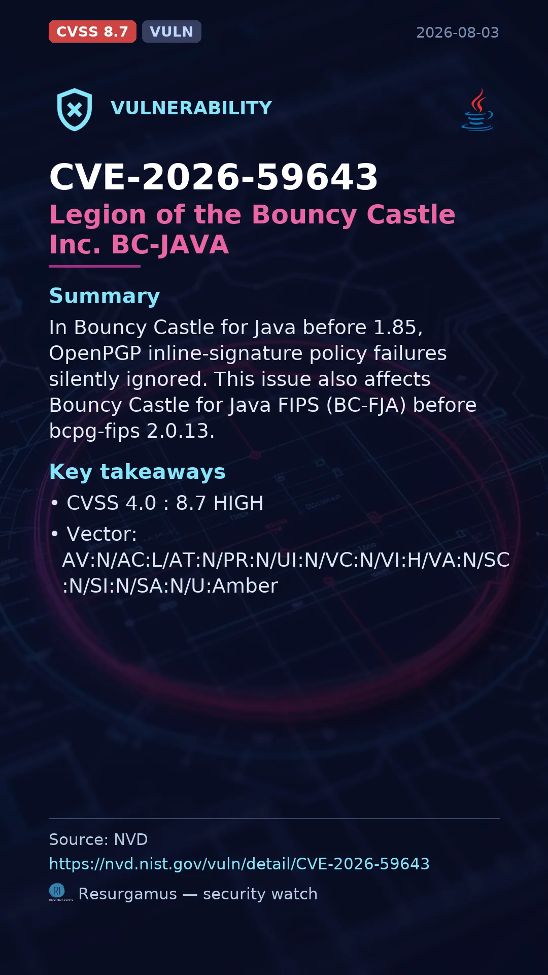 CVE-2026-59643 Legion of the Bouncy Castle Inc. BC-JAVA Vulnerability