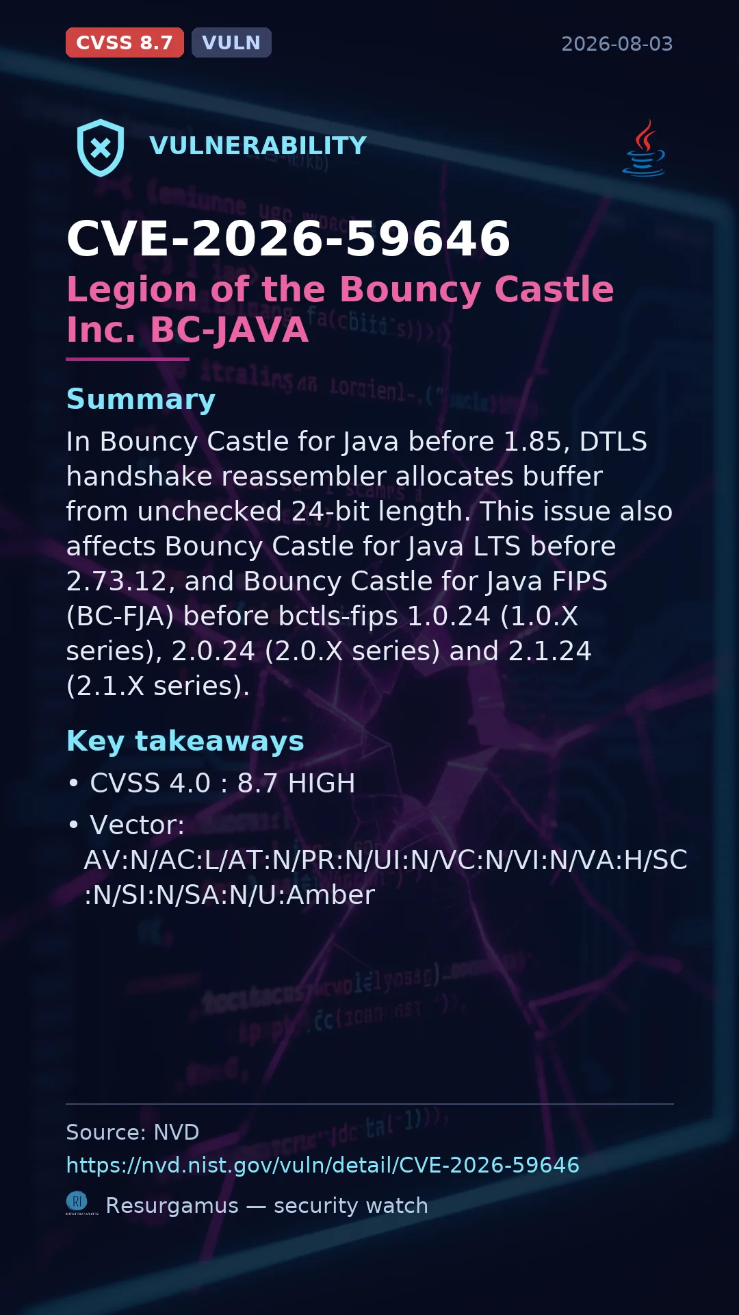 CVE-2026-59646 Legion of the Bouncy Castle Inc. BC-JAVA Vulnerability