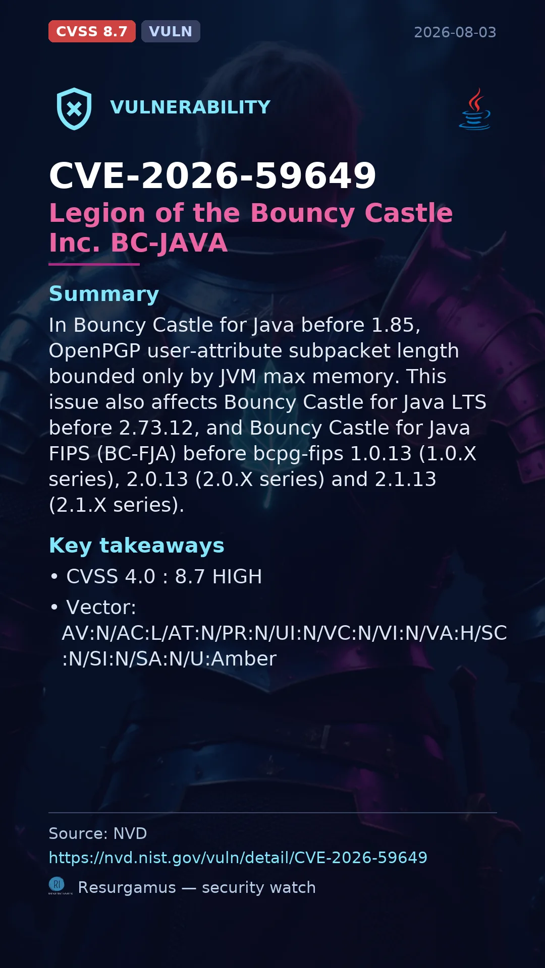 CVE-2026-59649 Legion of the Bouncy Castle Inc. BC-JAVA Vulnerability