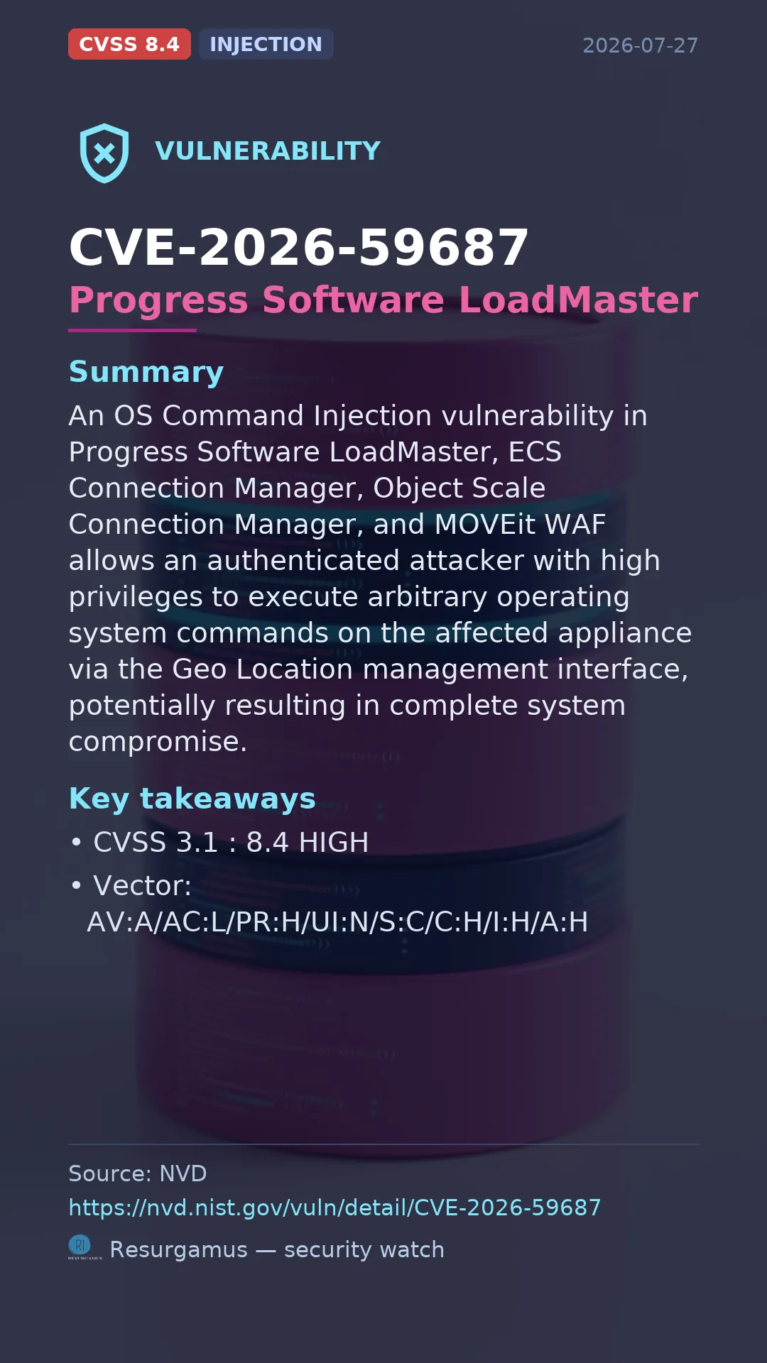 CVE-2026-59687 Progress Software LoadMaster Vulnerability