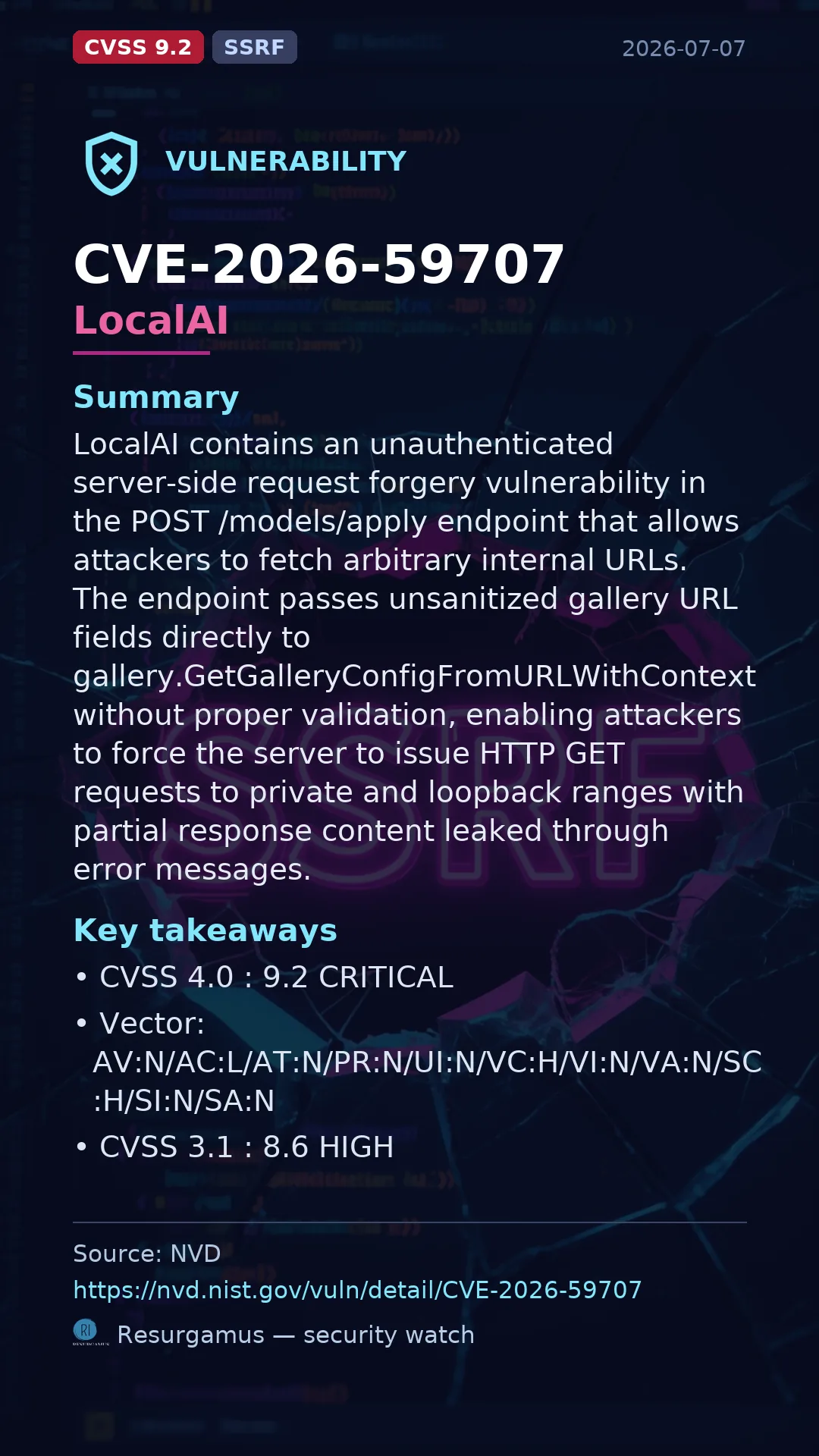 CVE-2026-59707 LocalAI Vulnerability