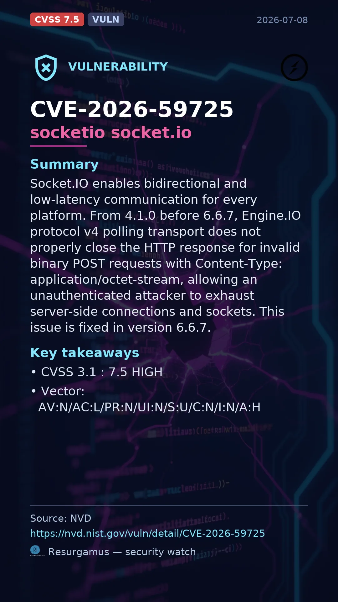 CVE-2026-59725 socketio socket.io Vulnerability