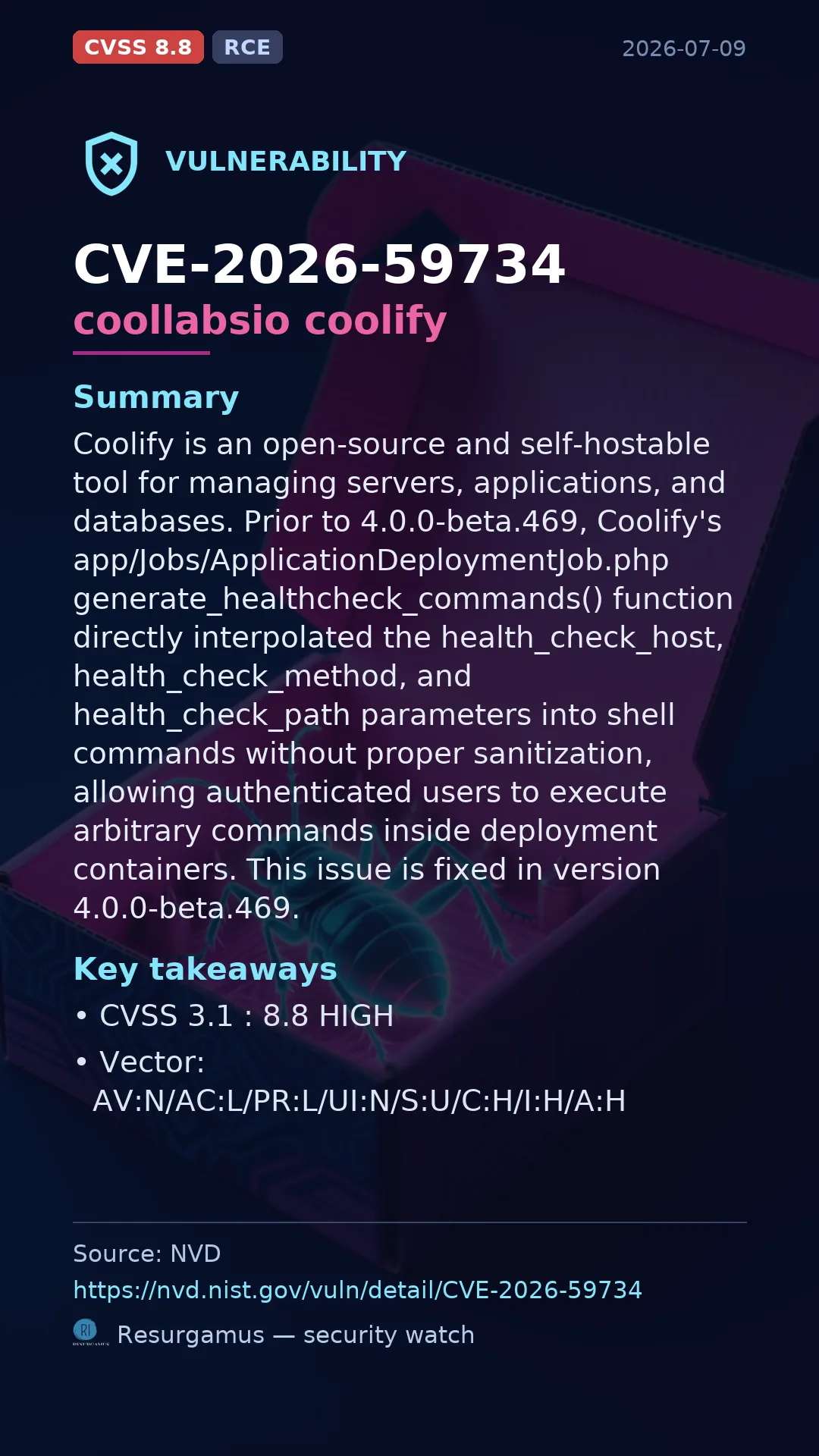 CVE-2026-59734 coollabsio coolify Vulnerability