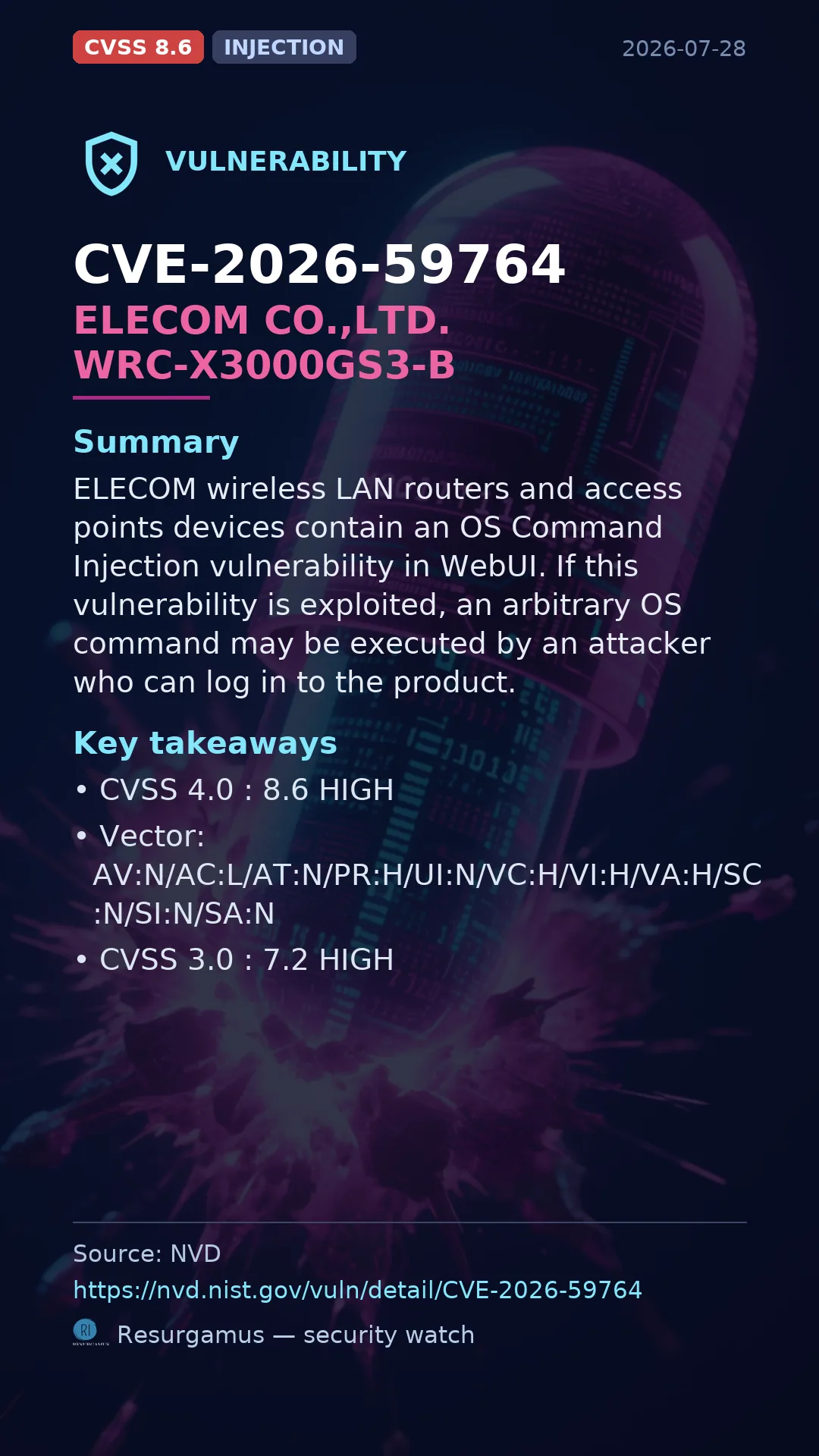 CVE-2026-59764 ELECOM CO.,LTD. WRC-X3000GS3-B Vulnerability