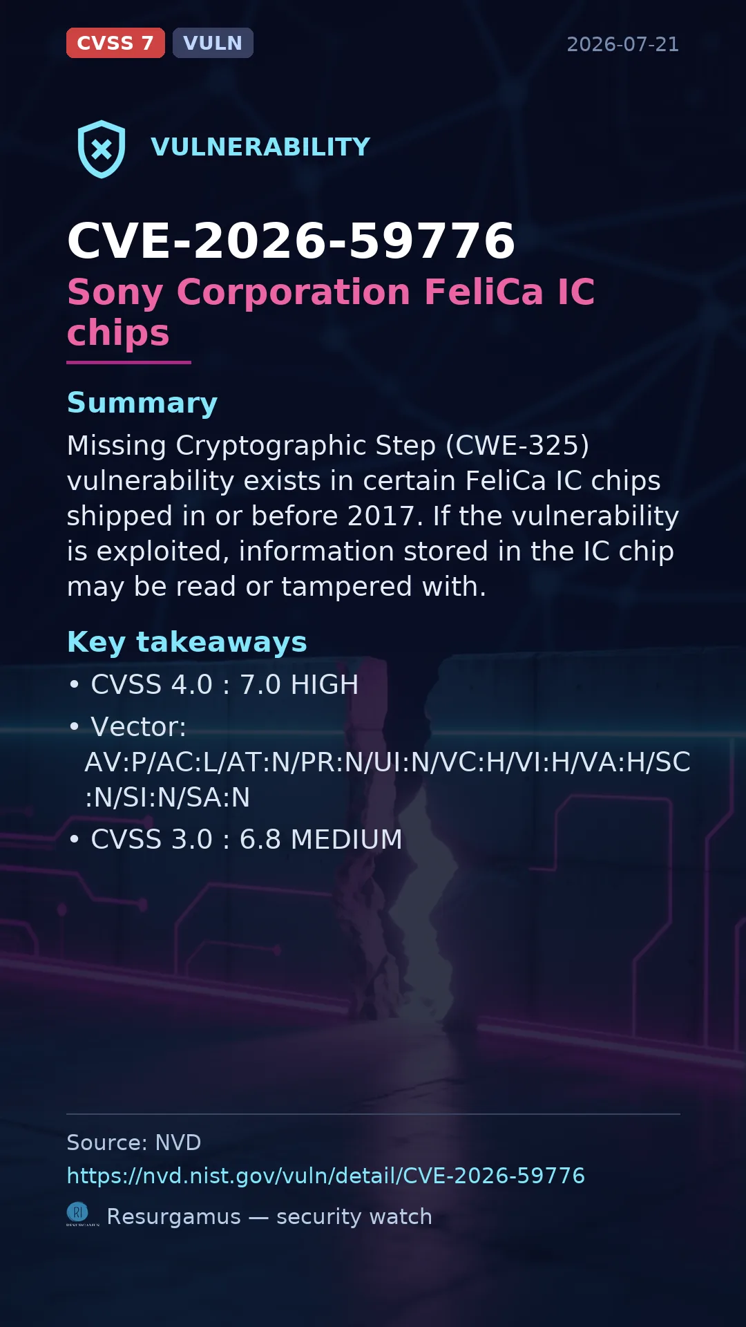 CVE-2026-59776 Sony Corporation FeliCa IC chips Vulnerability