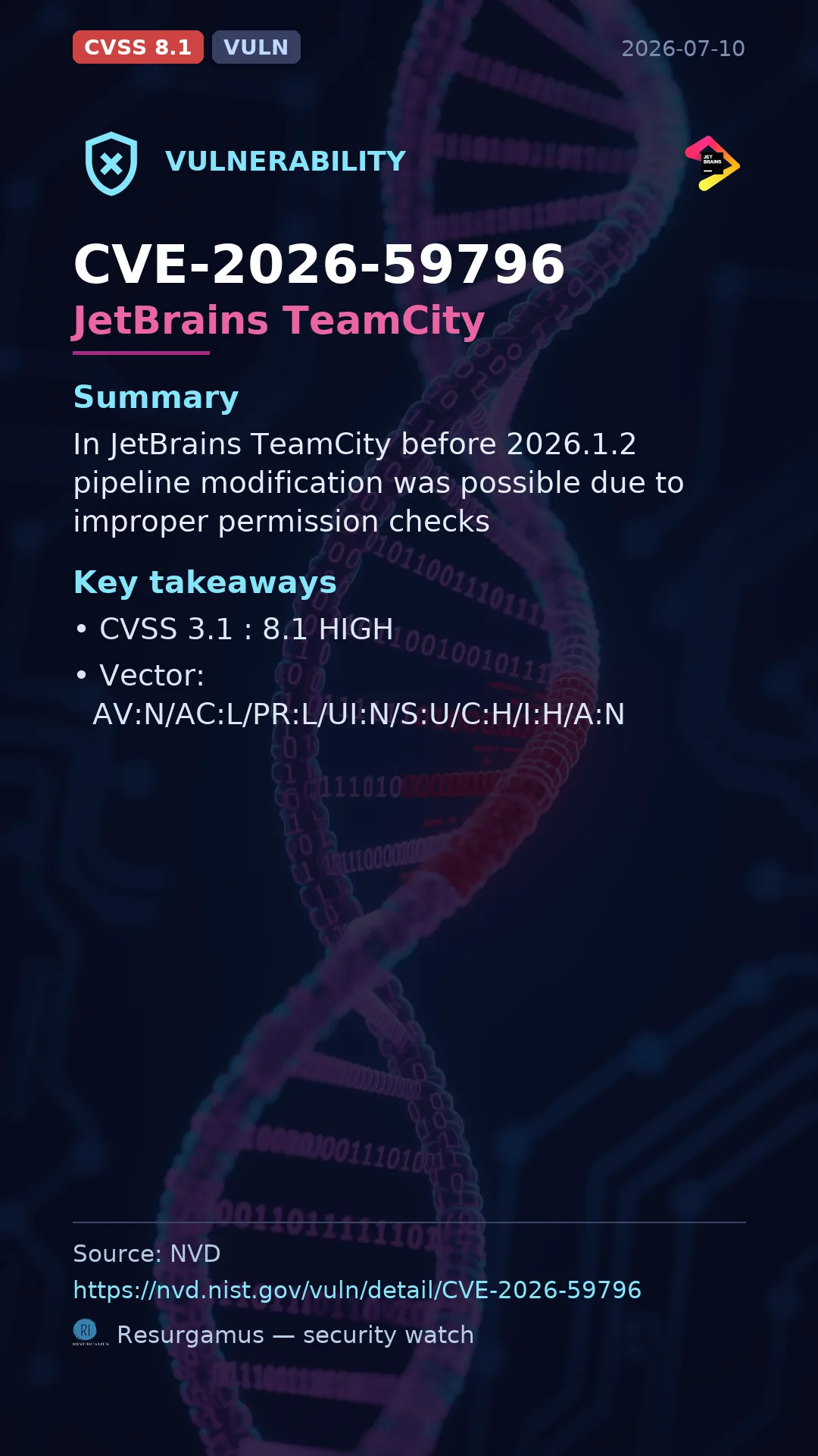 CVE-2026-59796 JetBrains TeamCity Vulnerability