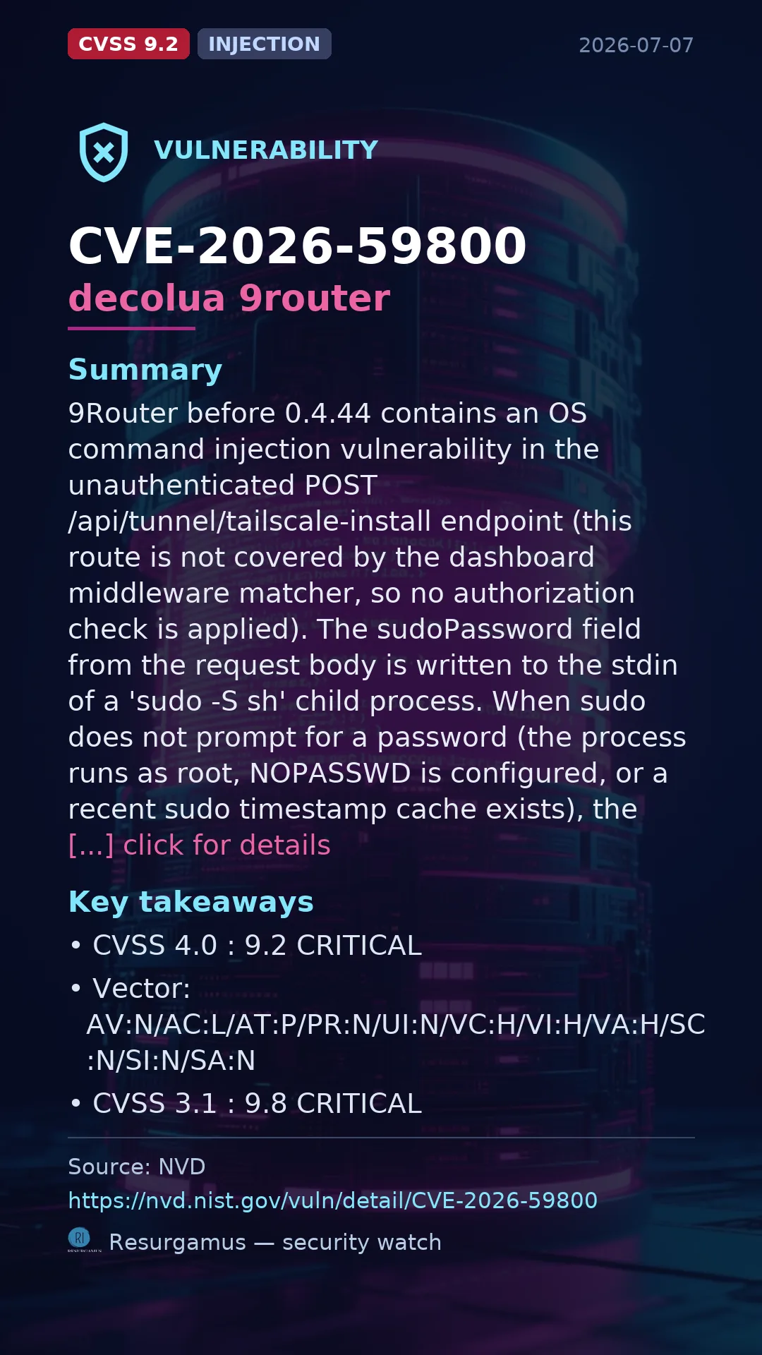 CVE-2026-59800 decolua 9router Vulnerability