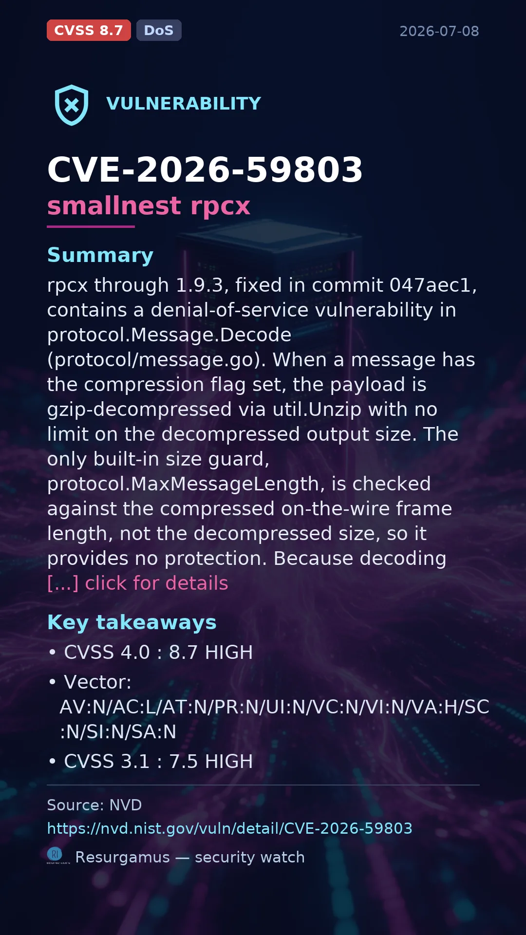 CVE-2026-59803 smallnest rpcx Vulnerability