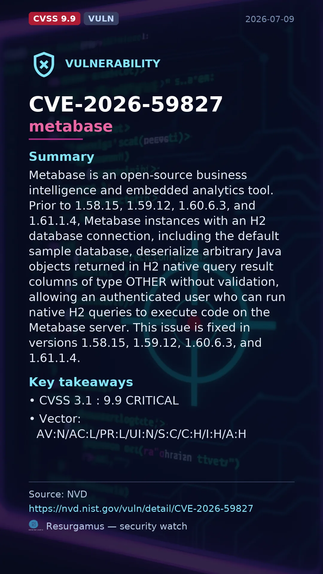 CVE-2026-59827 metabase Vulnerability