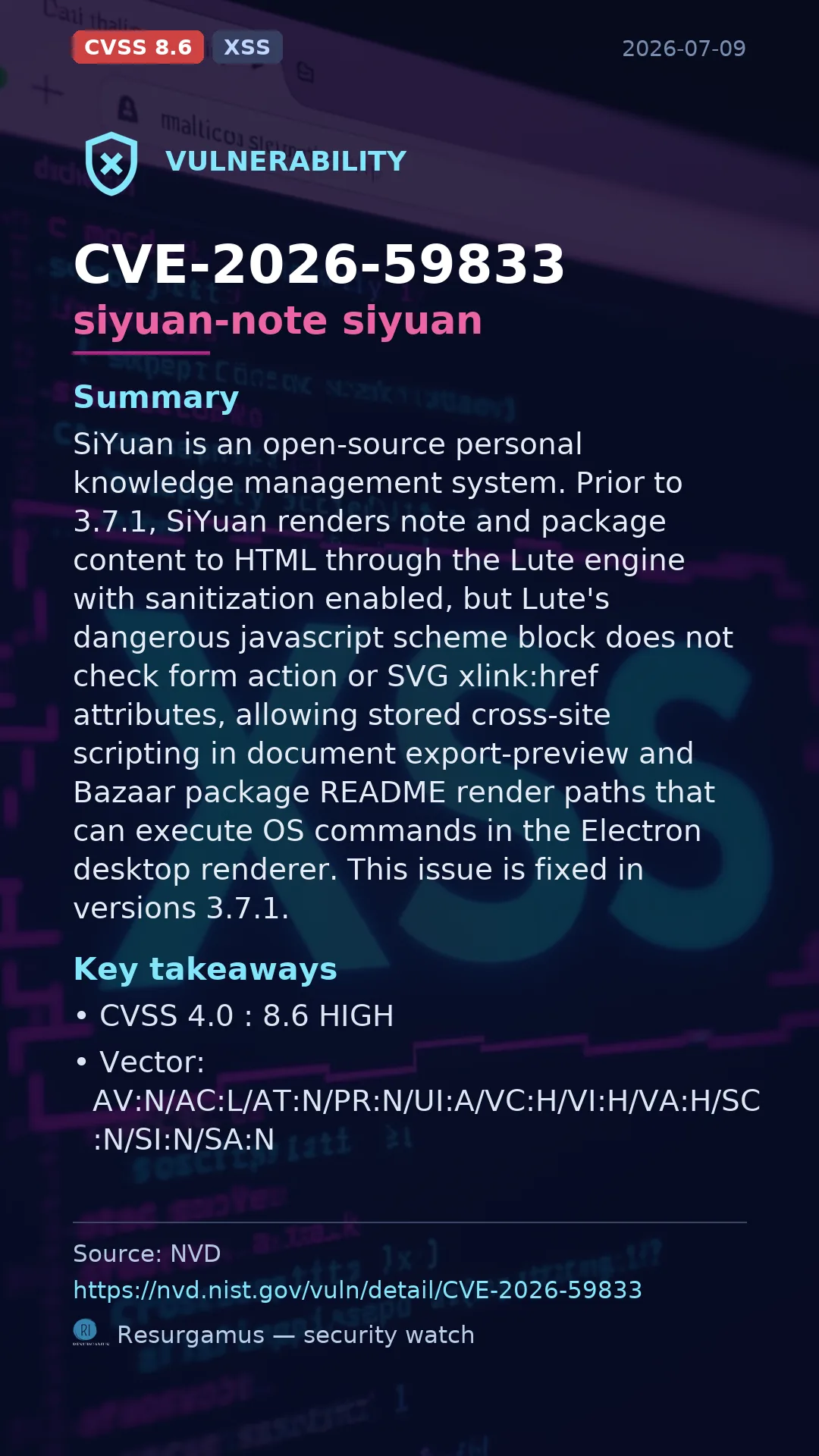 CVE-2026-59833 siyuan-note siyuan Vulnerability