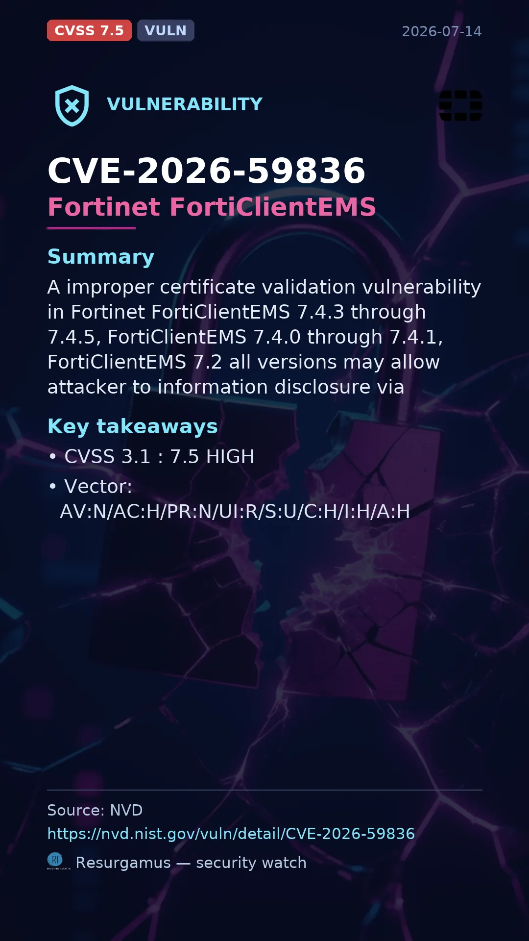 CVE-2026-59836 Fortinet FortiClientEMS Vulnerability
