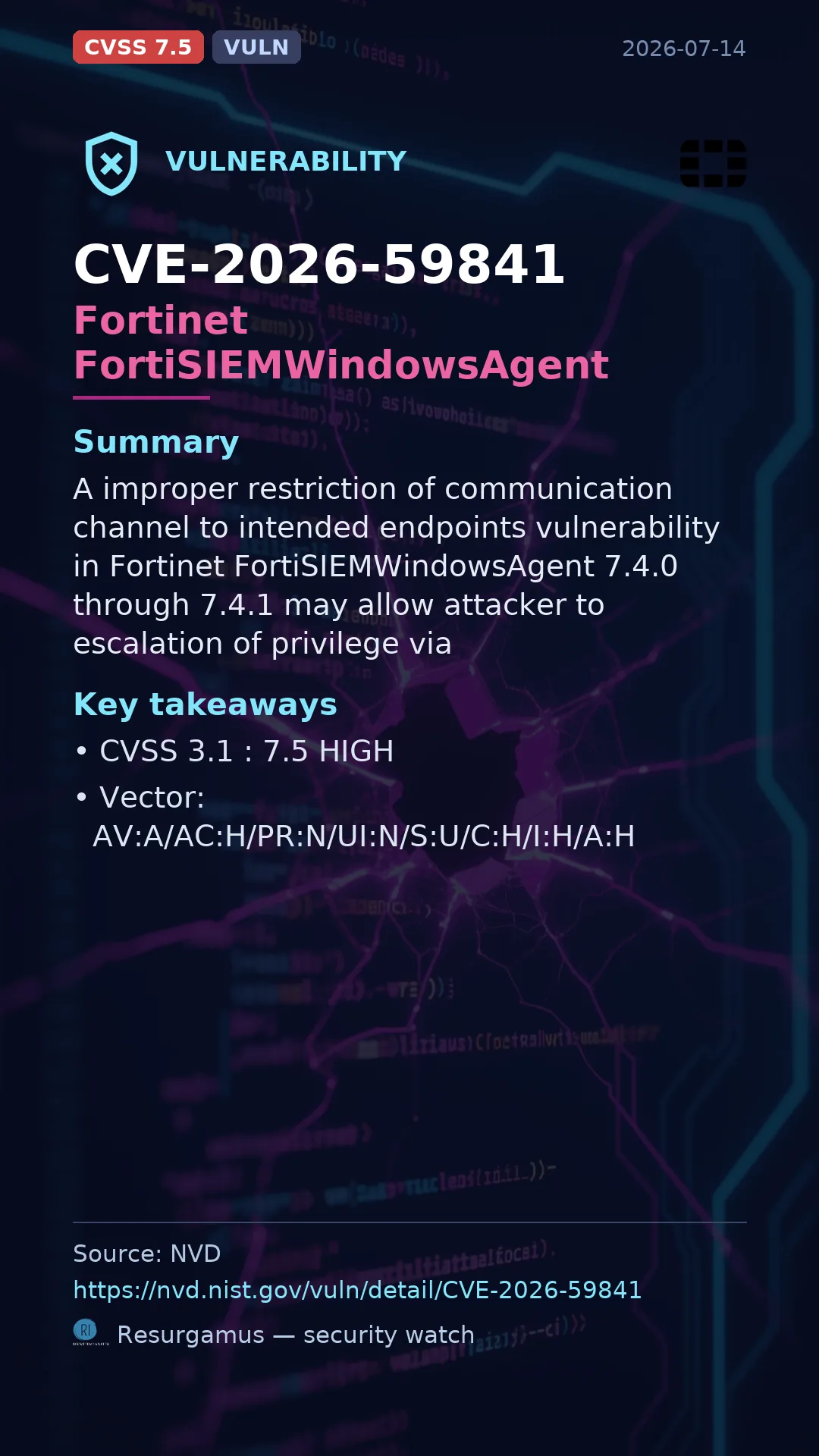 CVE-2026-59841 Fortinet FortiSIEMWindowsAgent Vulnerability