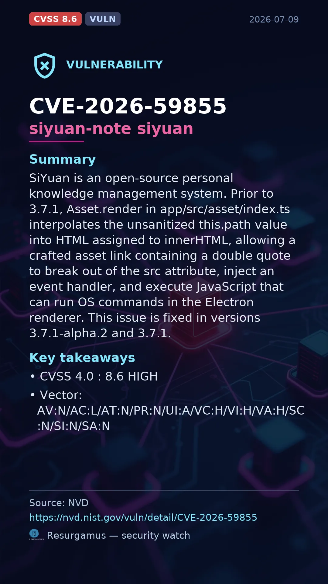 CVE-2026-59855 siyuan-note siyuan Vulnerability