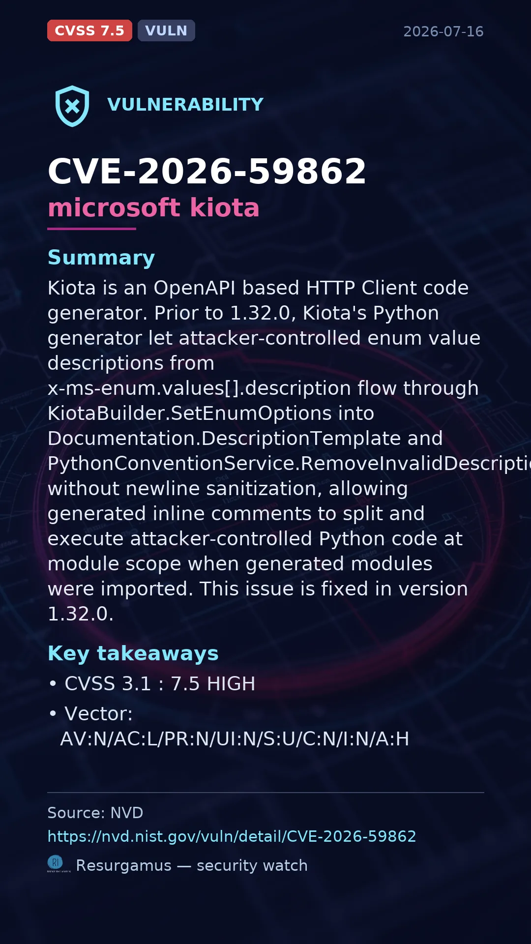 CVE-2026-59862 microsoft kiota Vulnerability