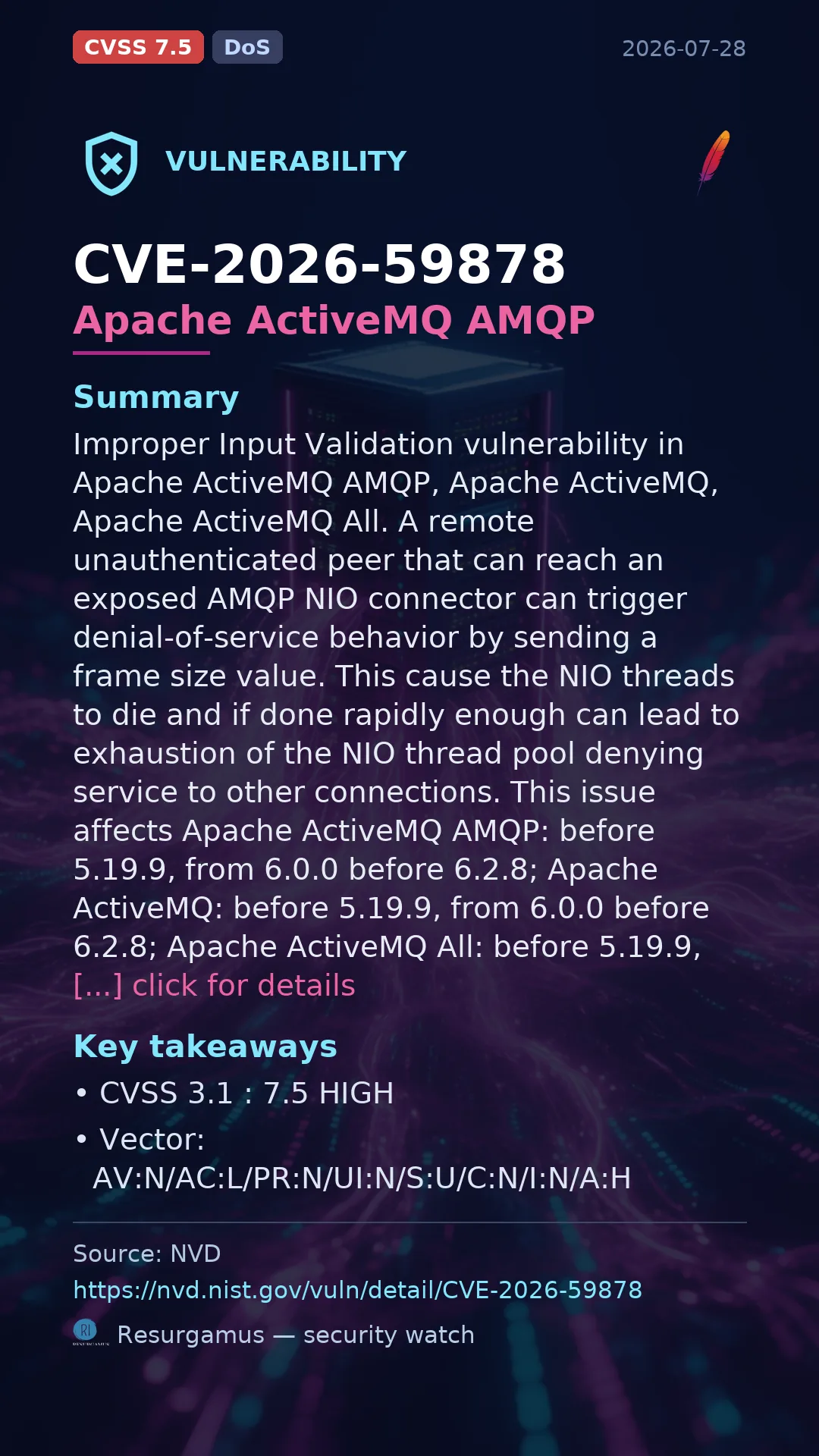 CVE-2026-59878 Apache ActiveMQ AMQP Vulnerability