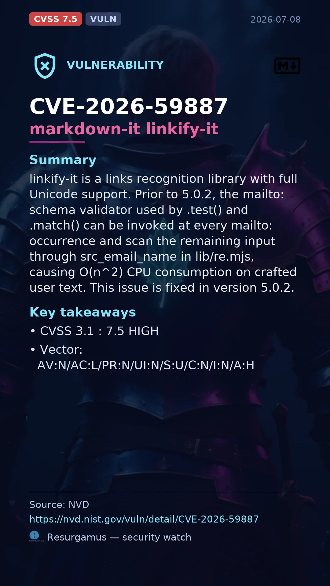 CVE-2026-59887 markdown-it linkify-it Vulnerability