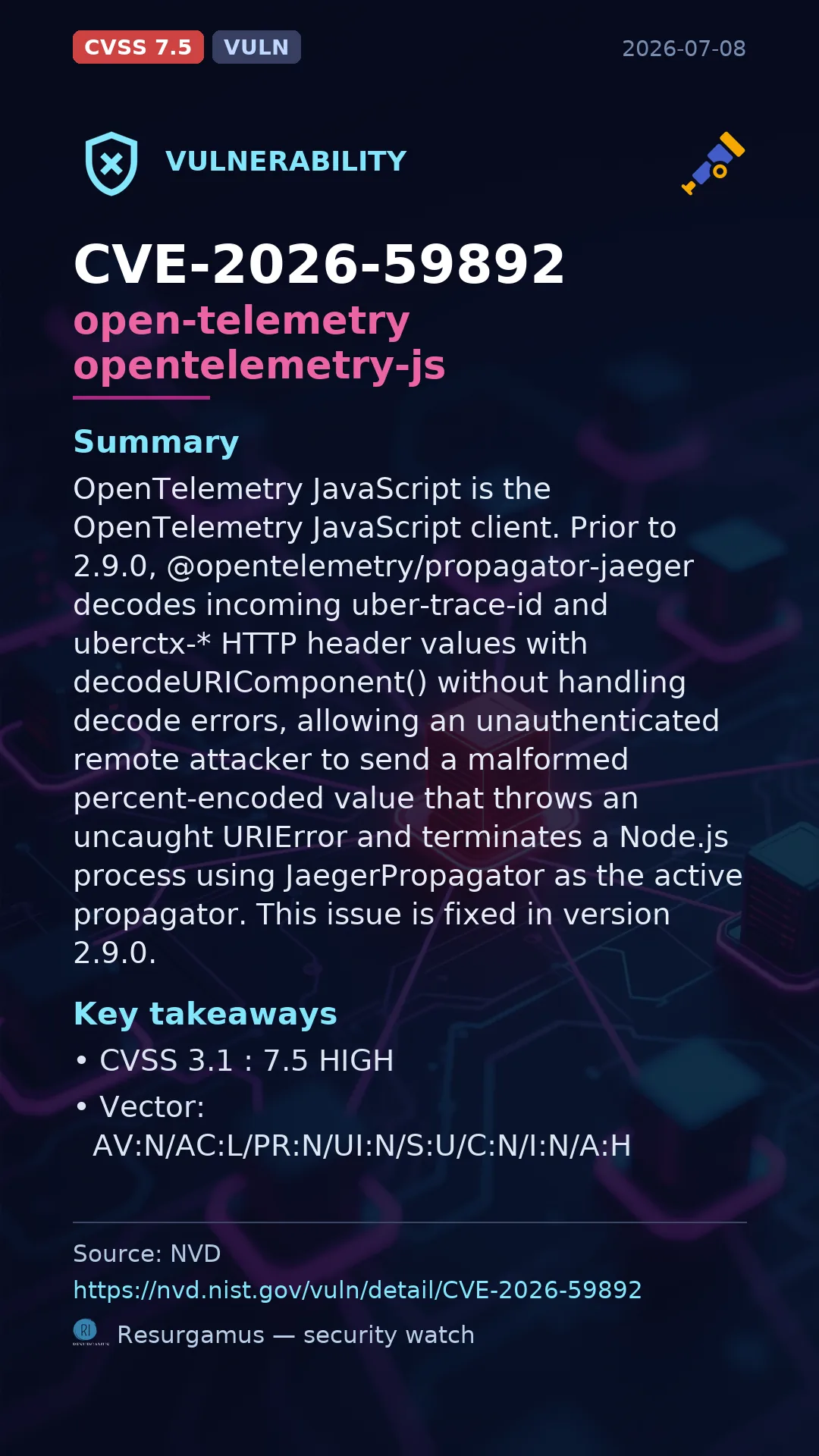 CVE-2026-59892 open-telemetry opentelemetry-js Vulnerability