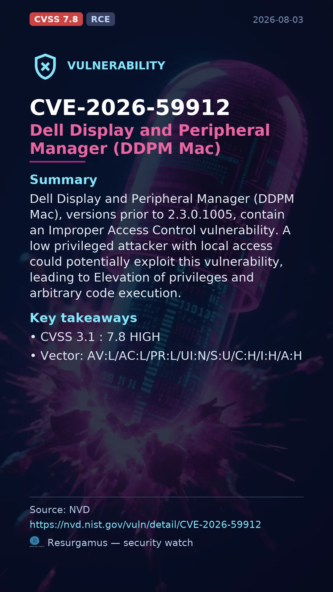 CVE-2026-59912 Dell Display and Peripheral Manager (DDPM Mac) Vulnerability