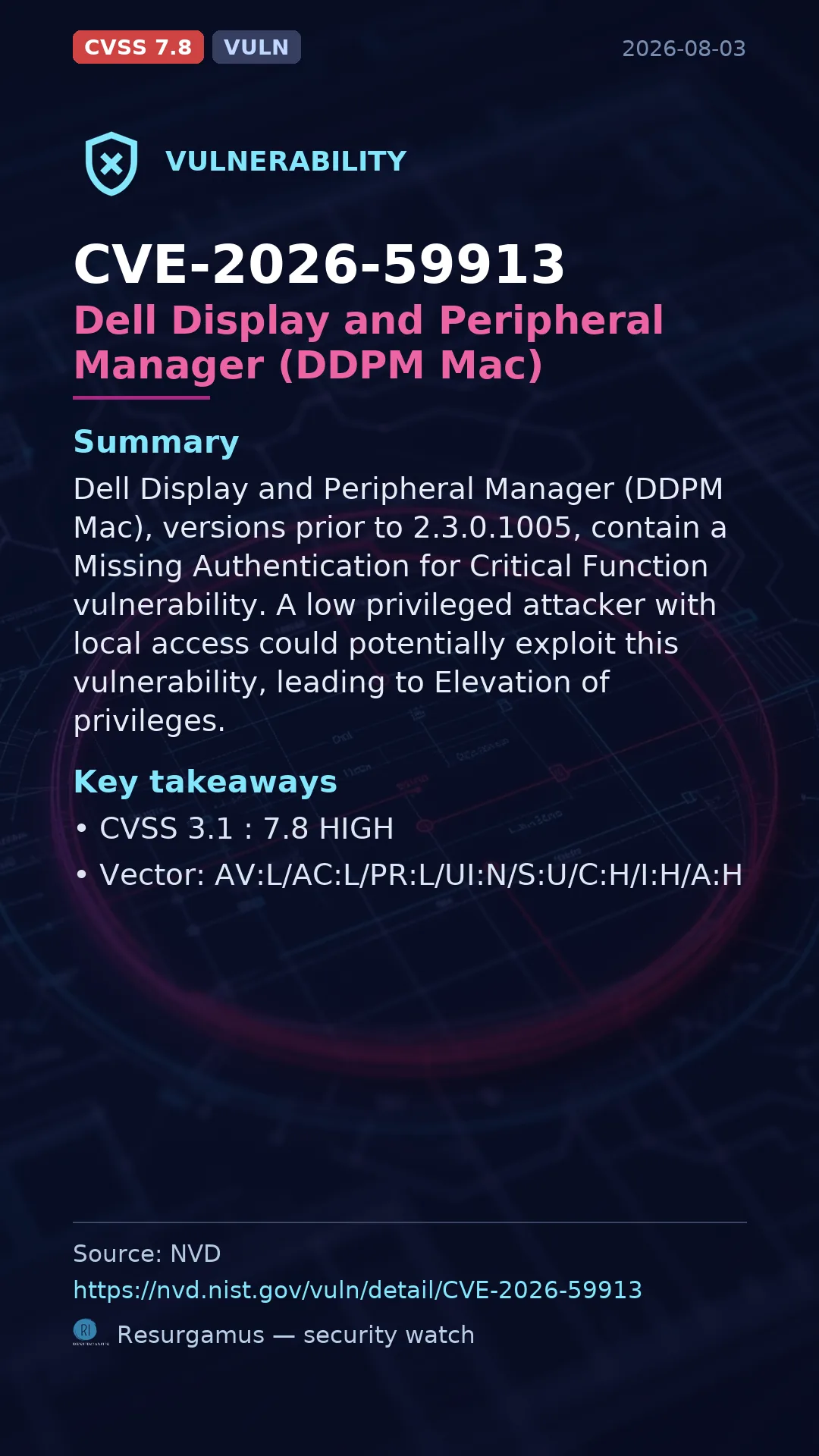 CVE-2026-59913 Dell Display and Peripheral Manager (DDPM Mac) Vulnerability