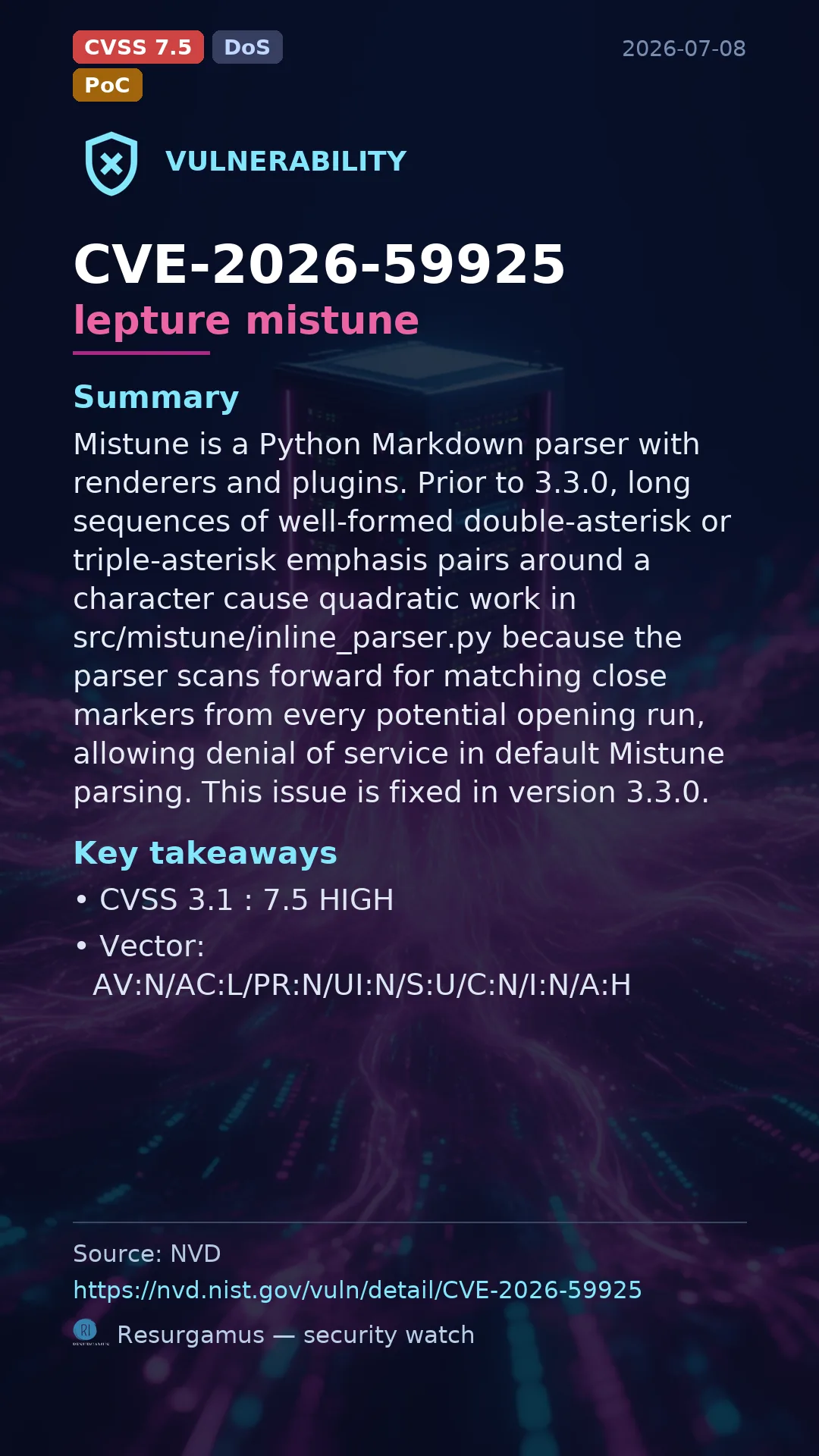 CVE-2026-59925 lepture mistune Vulnerability