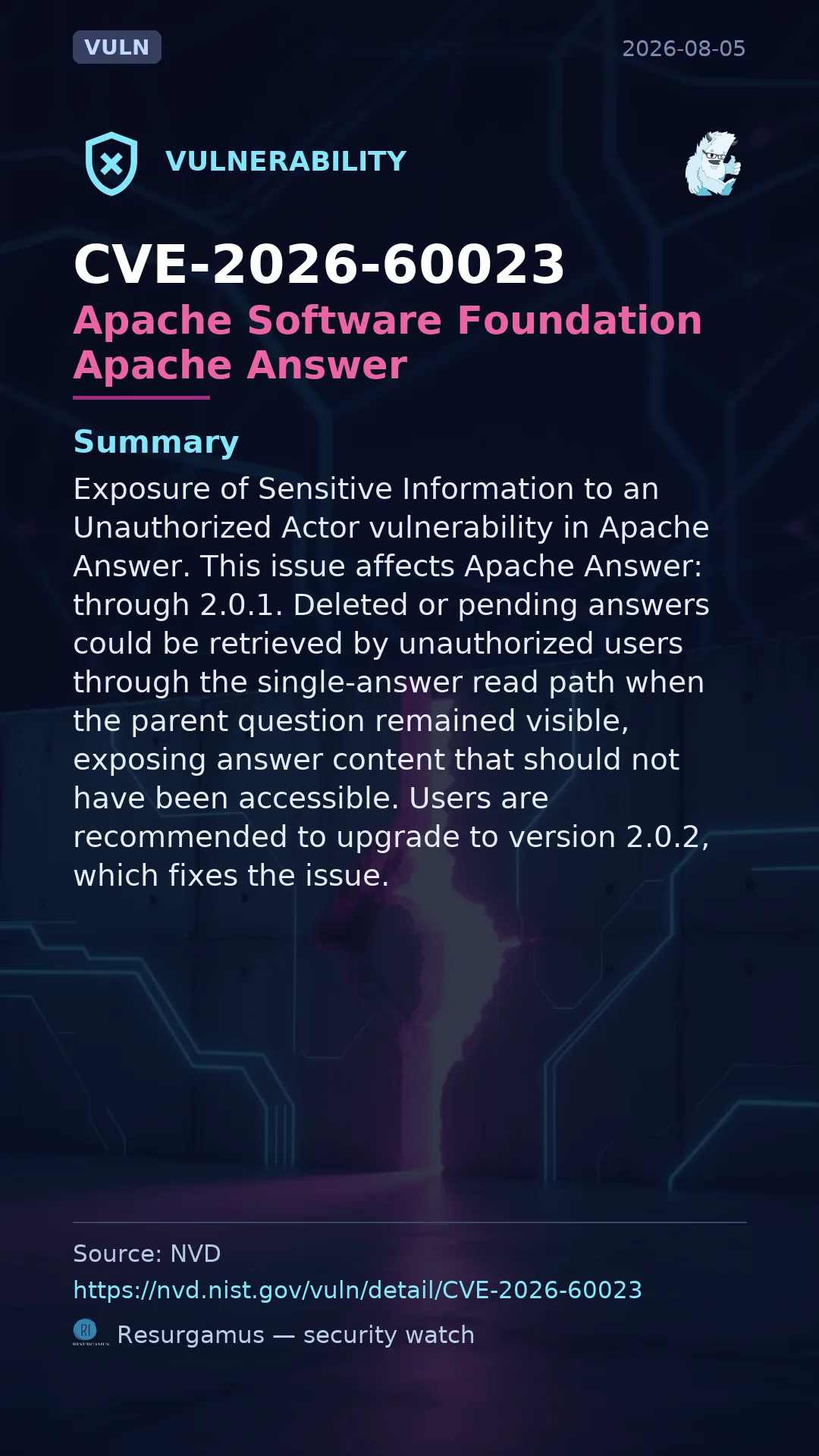 CVE-2026-60023 Apache Software Foundation Apache Answer Vulnerability