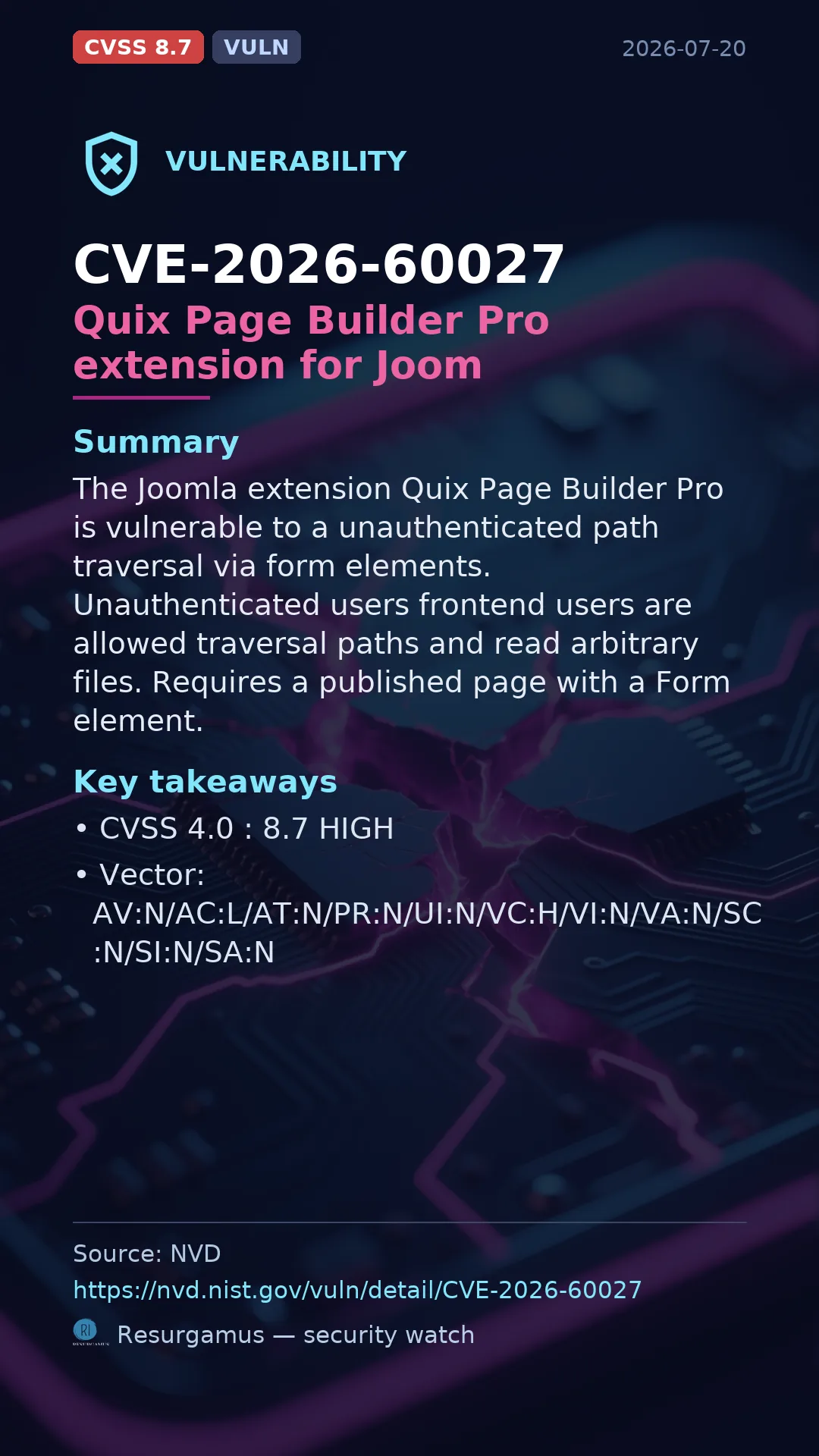 CVE-2026-60027 Quix Page Builder Pro extension for Joom Vulnerability