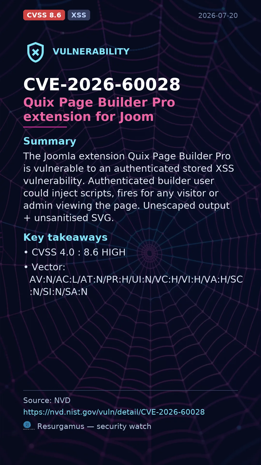 CVE-2026-60028 Quix Page Builder Pro extension for Joom Vulnerability