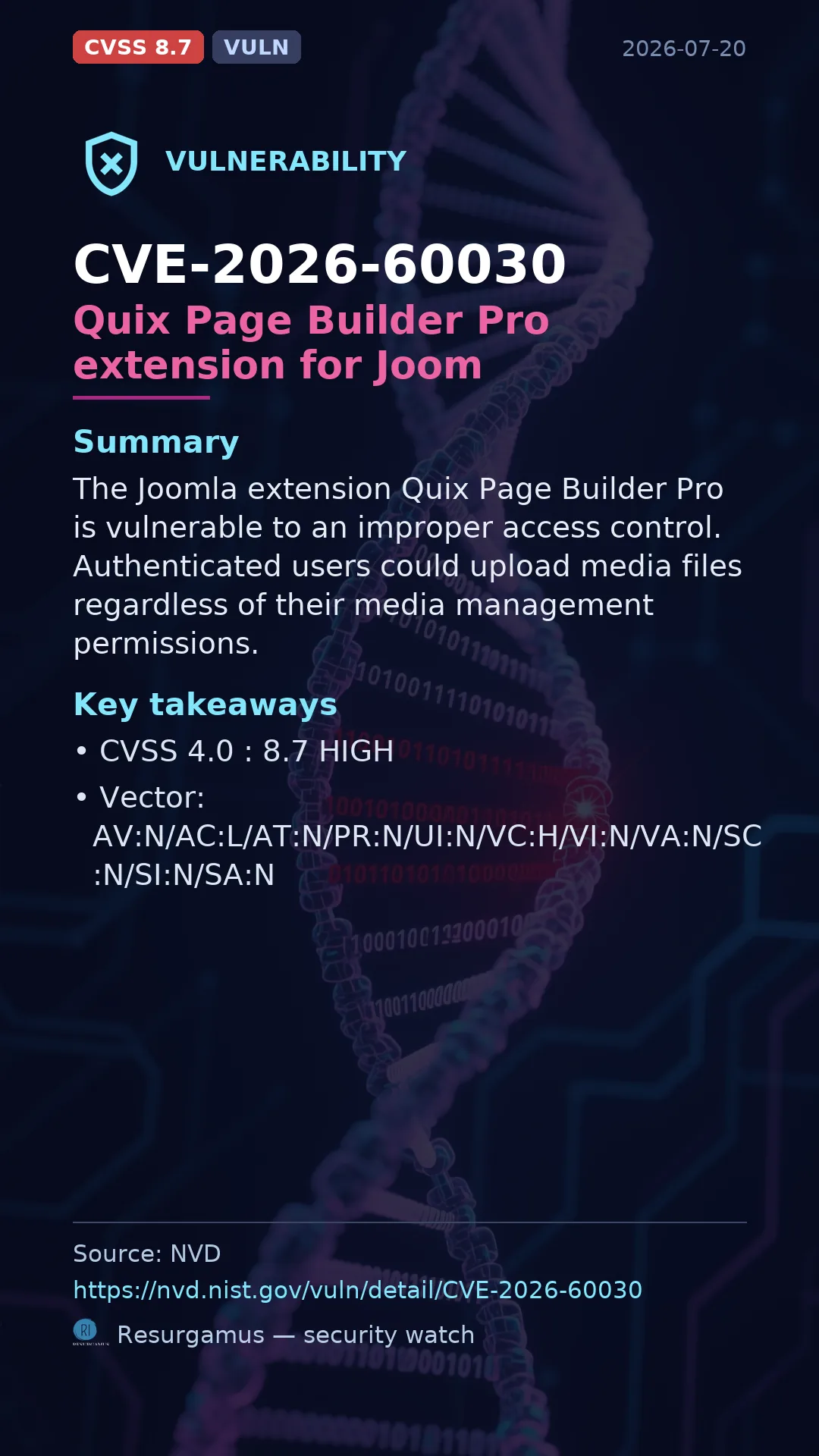 CVE-2026-60030 Quix Page Builder Pro extension for Joom Vulnerability