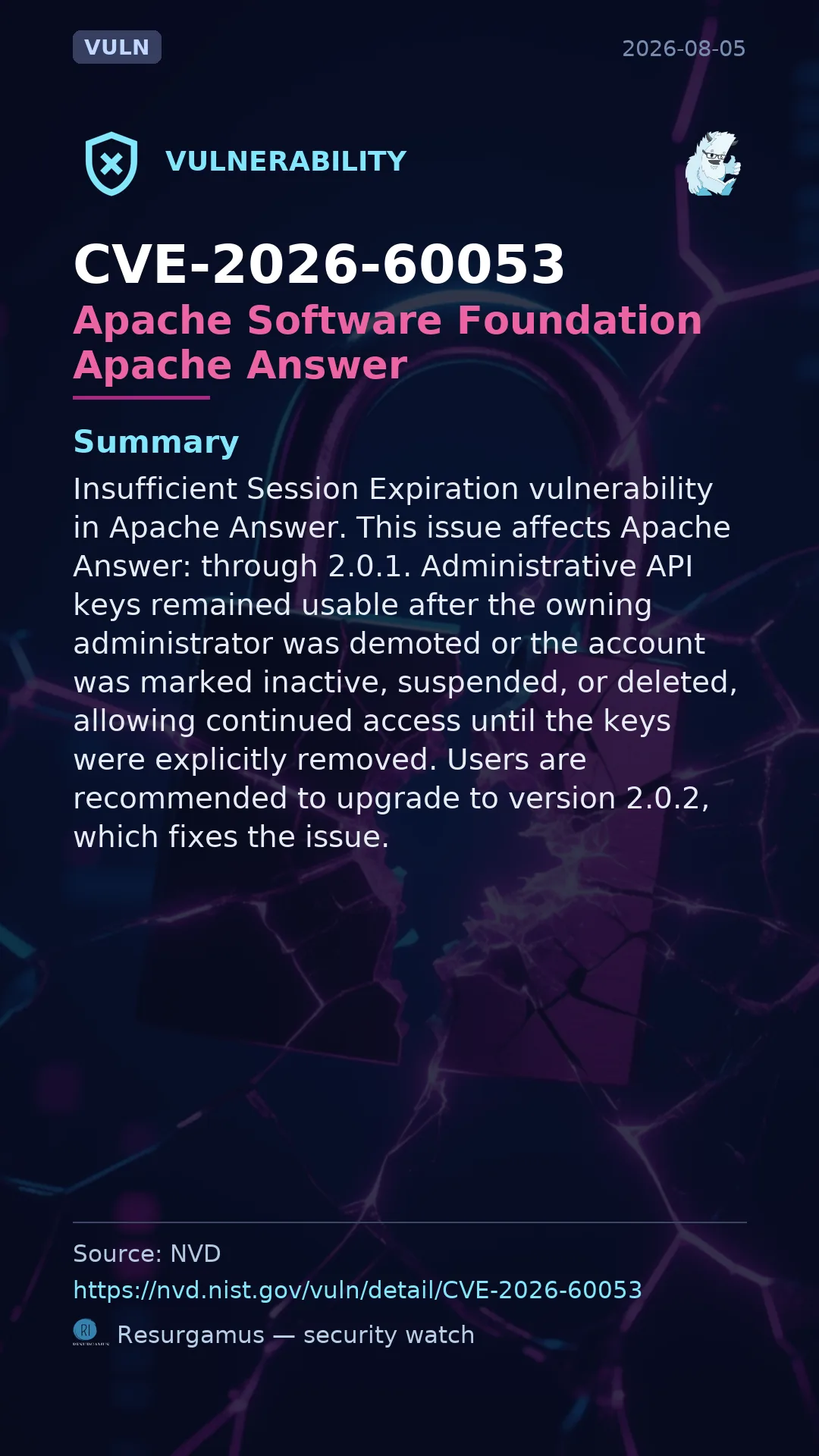 CVE-2026-60053 Apache Software Foundation Apache Answer Vulnerability