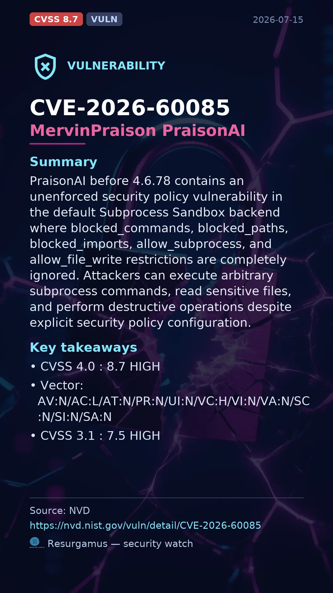 CVE-2026-60085 MervinPraison PraisonAI Vulnerability