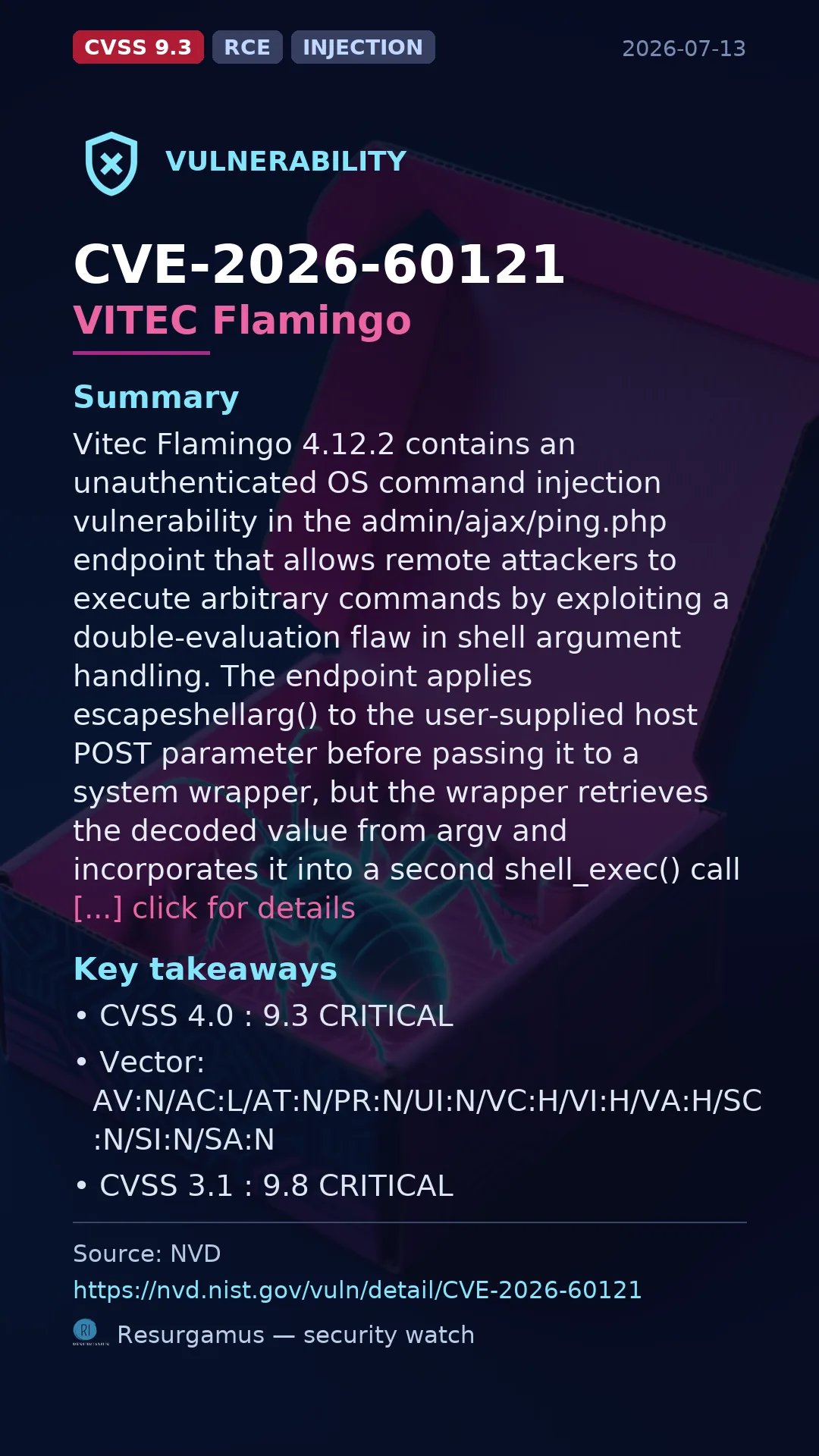 CVE-2026-60121 VITEC Flamingo Vulnerability