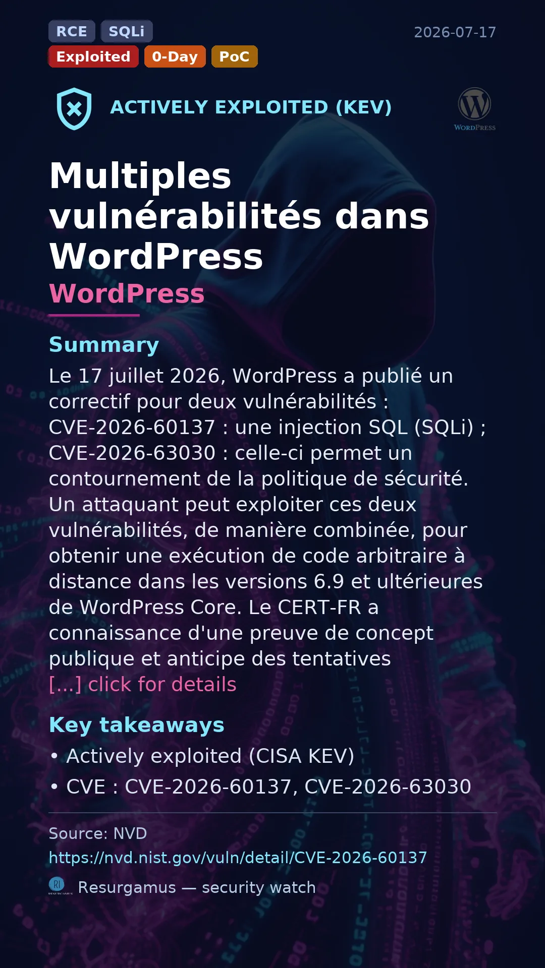 CVE-2026-60137 - WordPress - actively exploited (KEV) vulnerability